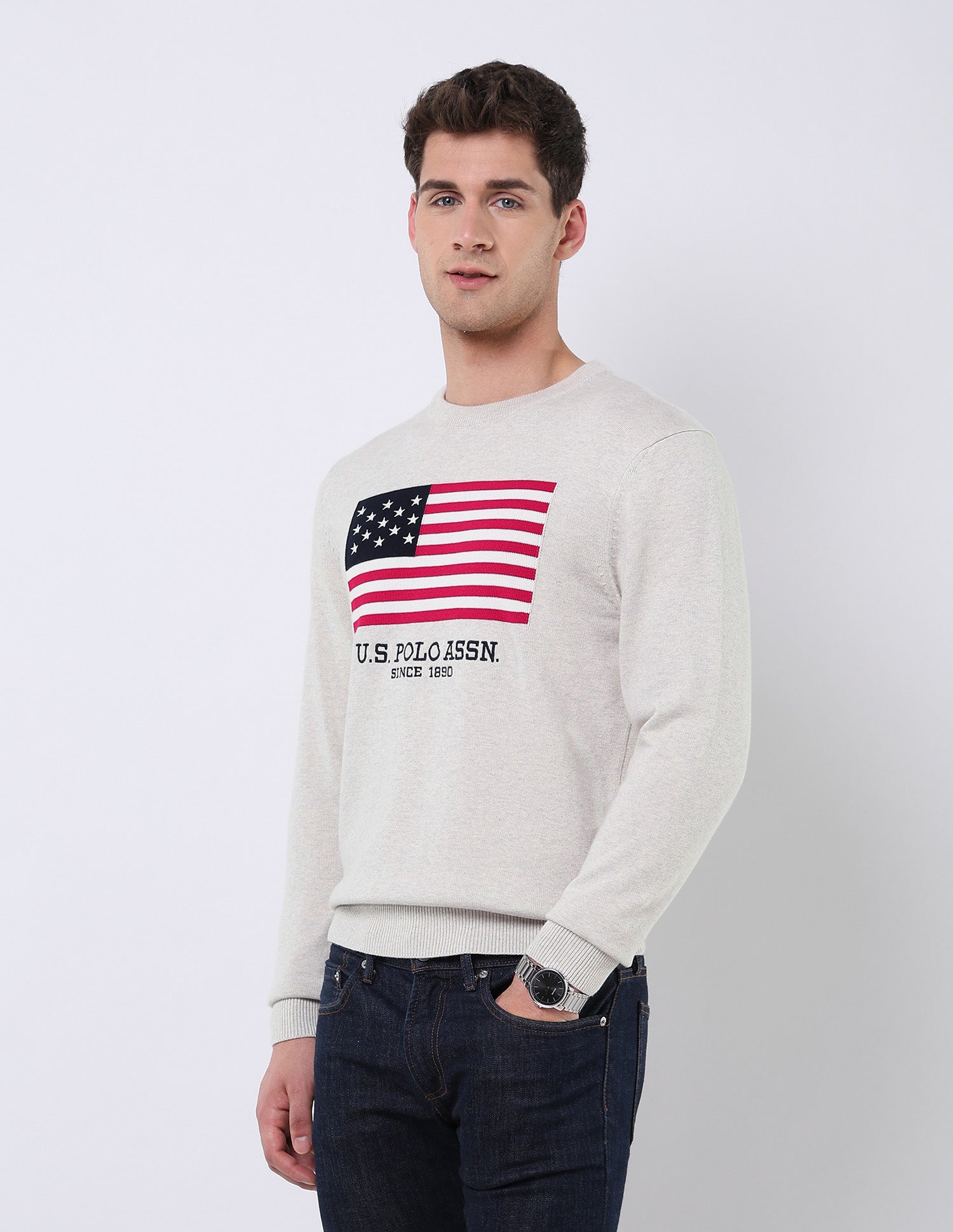 Brand Patterned Knit Regular Fit Sweater Off White - U.S. POLO ASSN. | Large