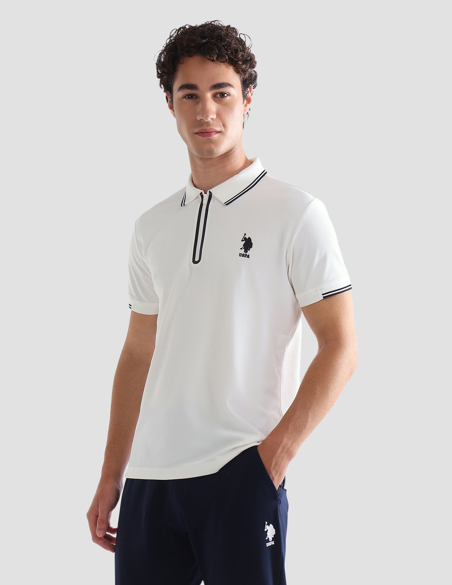 Solid Stripe Detail Slim Fit Active Polo Shirt Off White - U.S. Polo Assn. India | Large