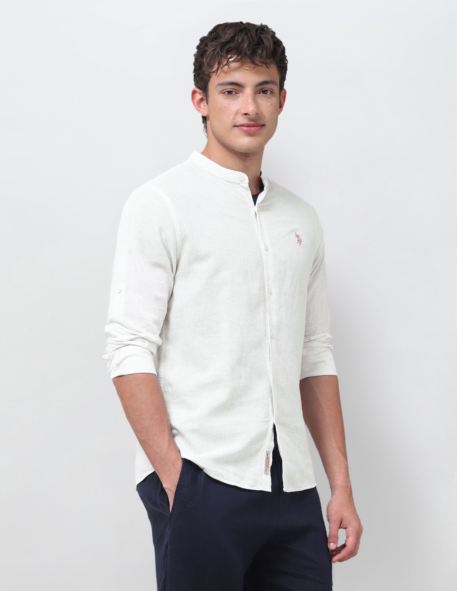 Vertical Striped Mandarin Shirt Beige - U.S. Polo Assn. India | Large