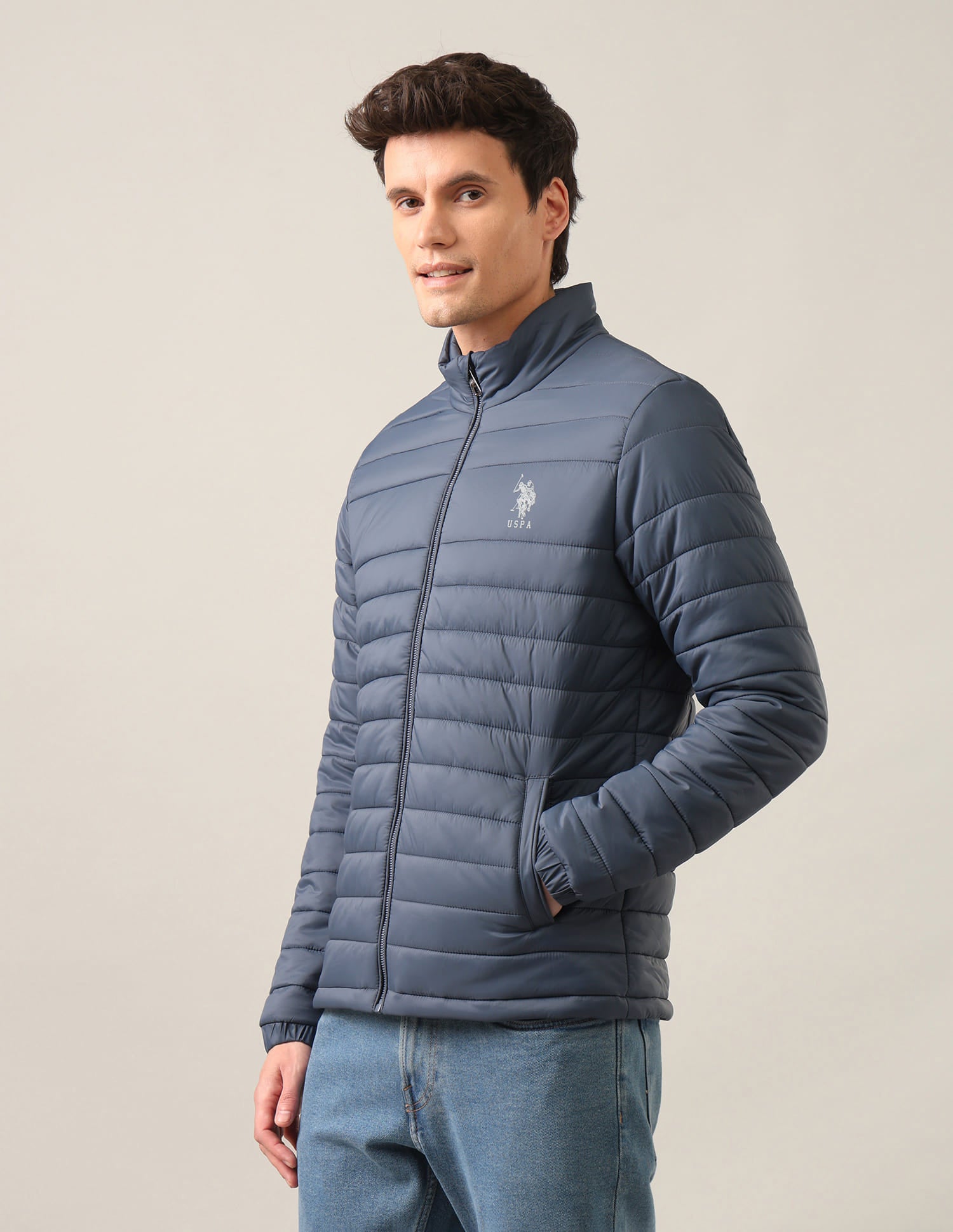Regular Fit Solid Padded Jacket Blue - U.S. Polo Assn. India | Large
