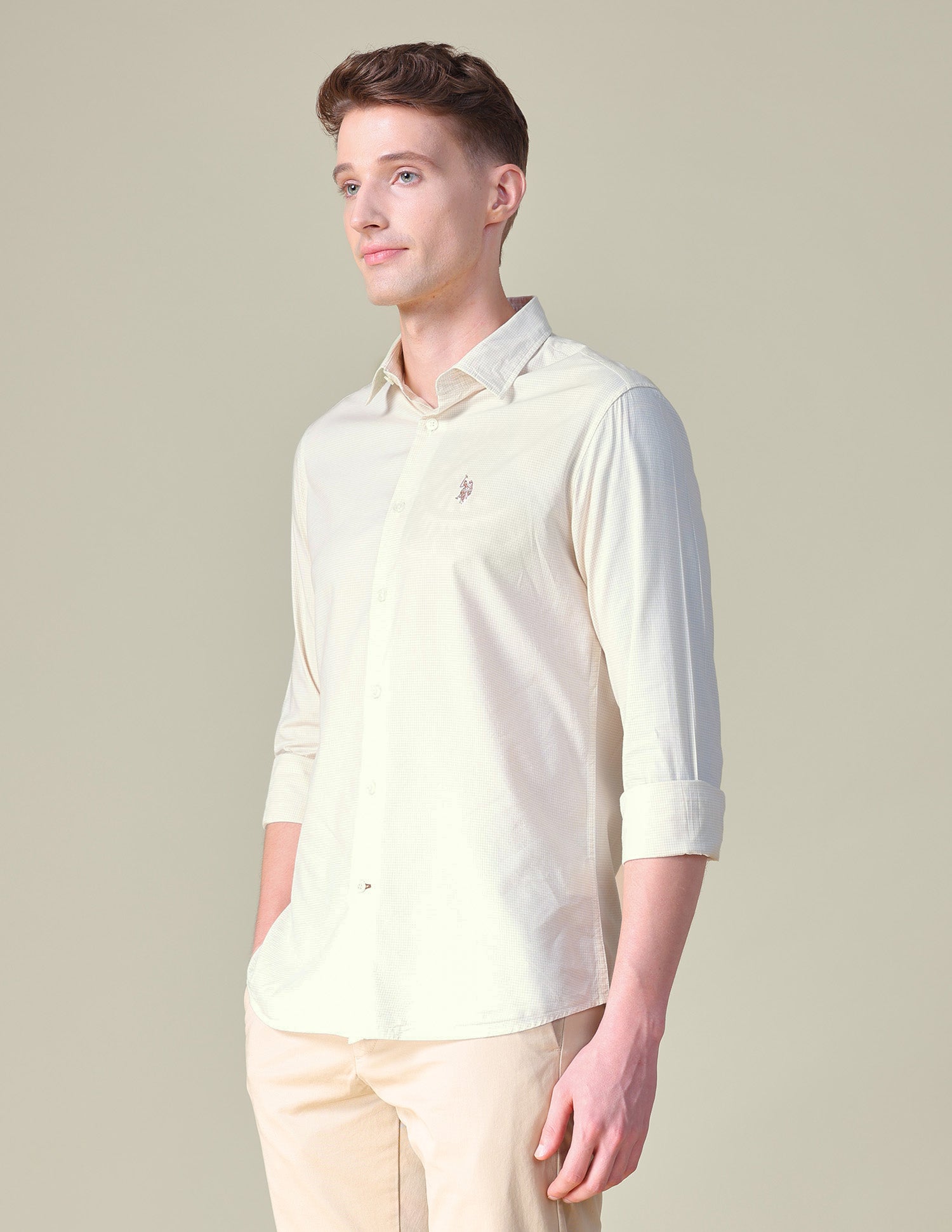 Gingham Checked Tailored Fit Shirt Beige - U.S. POLO ASSN. | Large