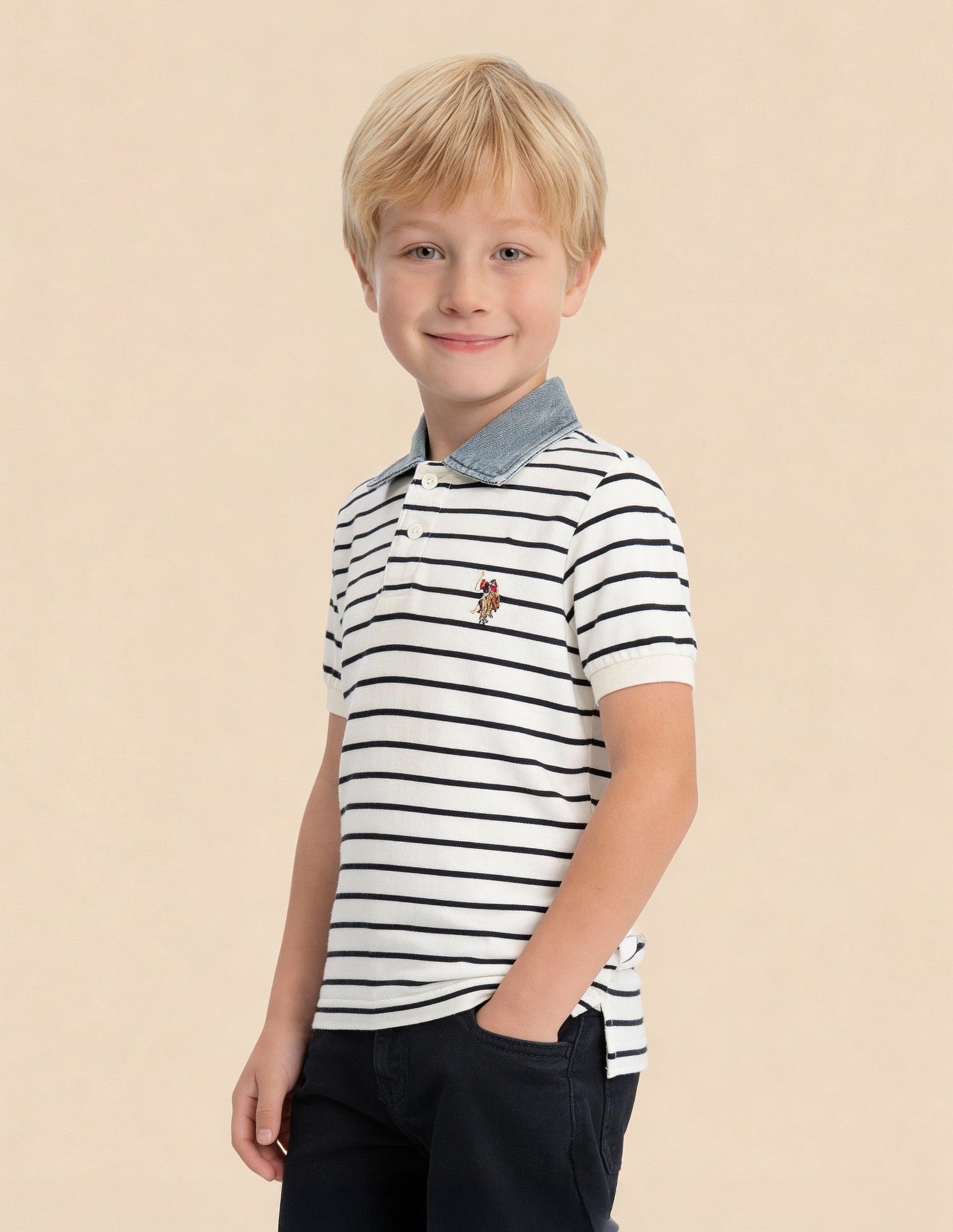 Boys Horizontal Striped Regular Fit Polo Shirt Off White - U.S. Polo Assn. India | Large