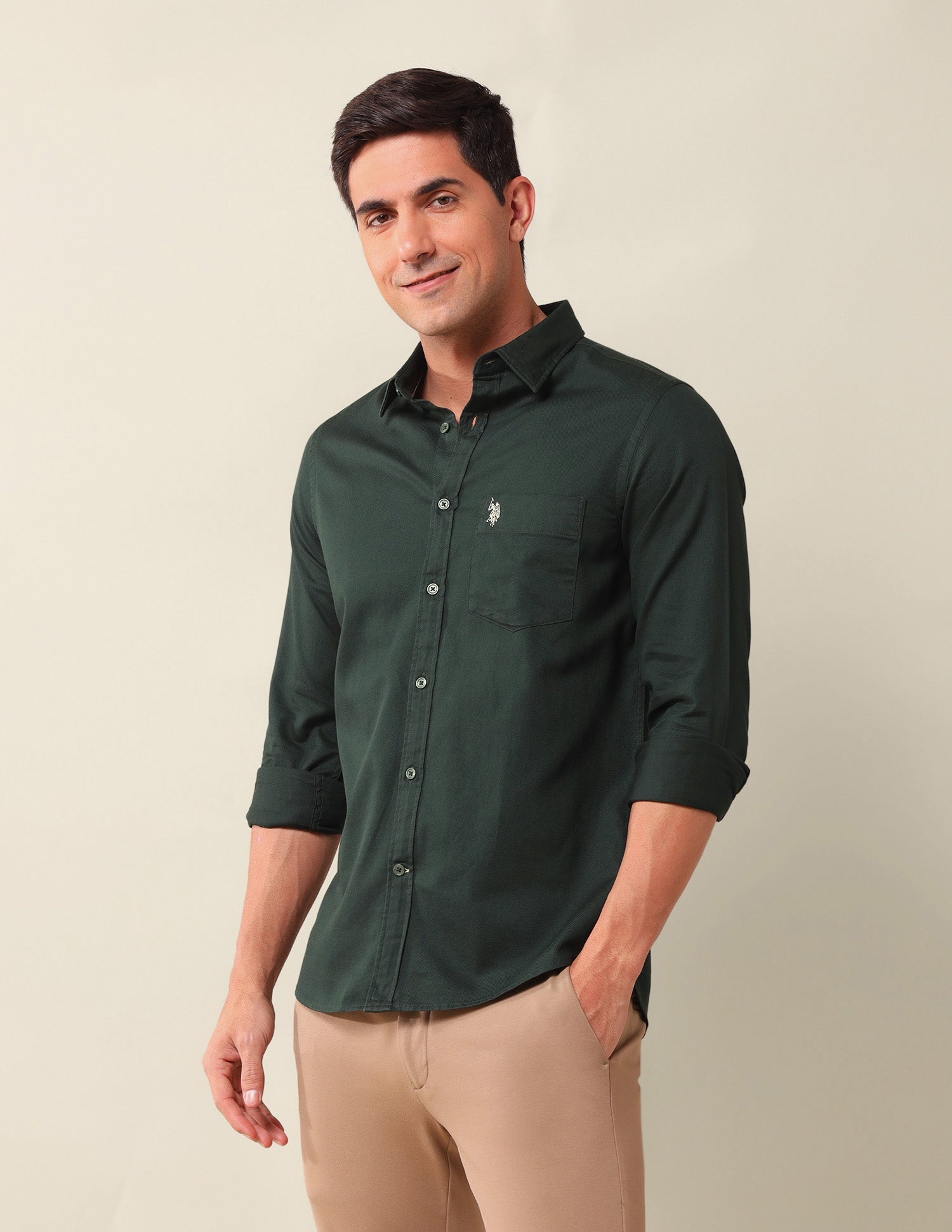 Solid Pure CottonShirt Dark Green - U.S. Polo Assn. India | Large