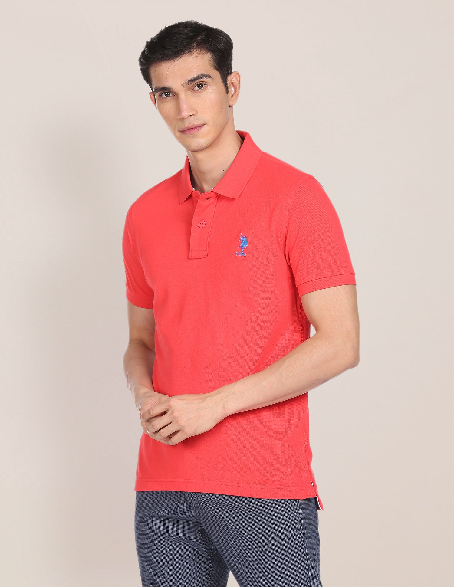 Ribbed Collar Solid Polo Shirt Coral - U.S. POLO ASSN. | Large