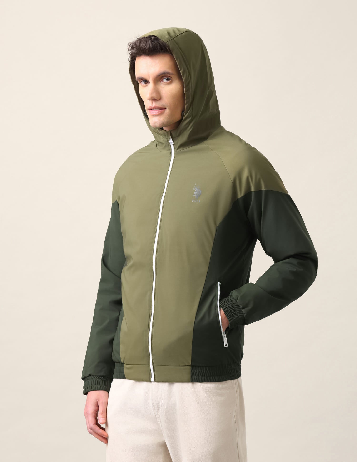 Colour Block Logo Hooded Jacket Olive - U.S. Polo Assn. India | Large