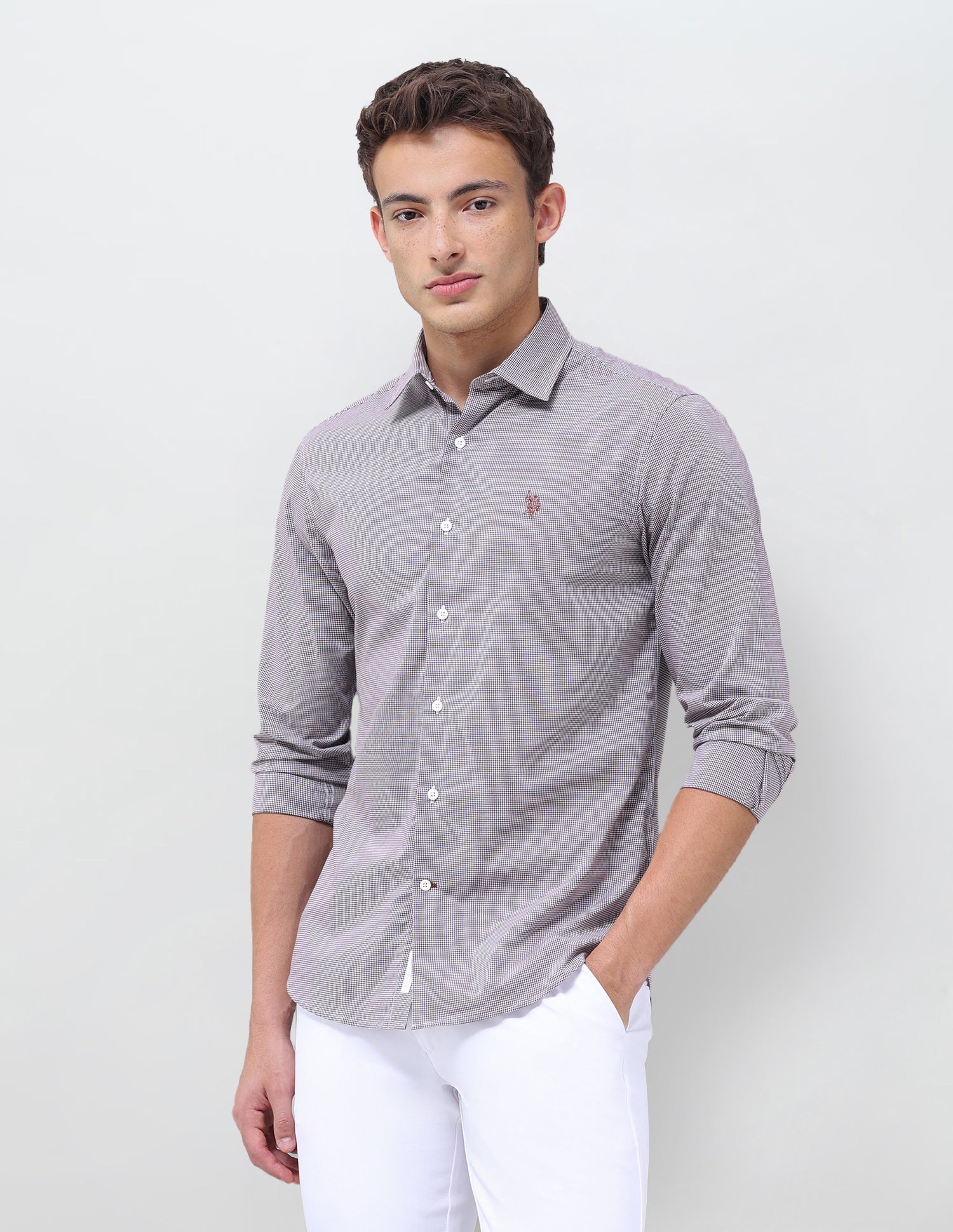 Micro Checked Regular Fit Shirt Burgundy - U.S. Polo Assn. India | Large