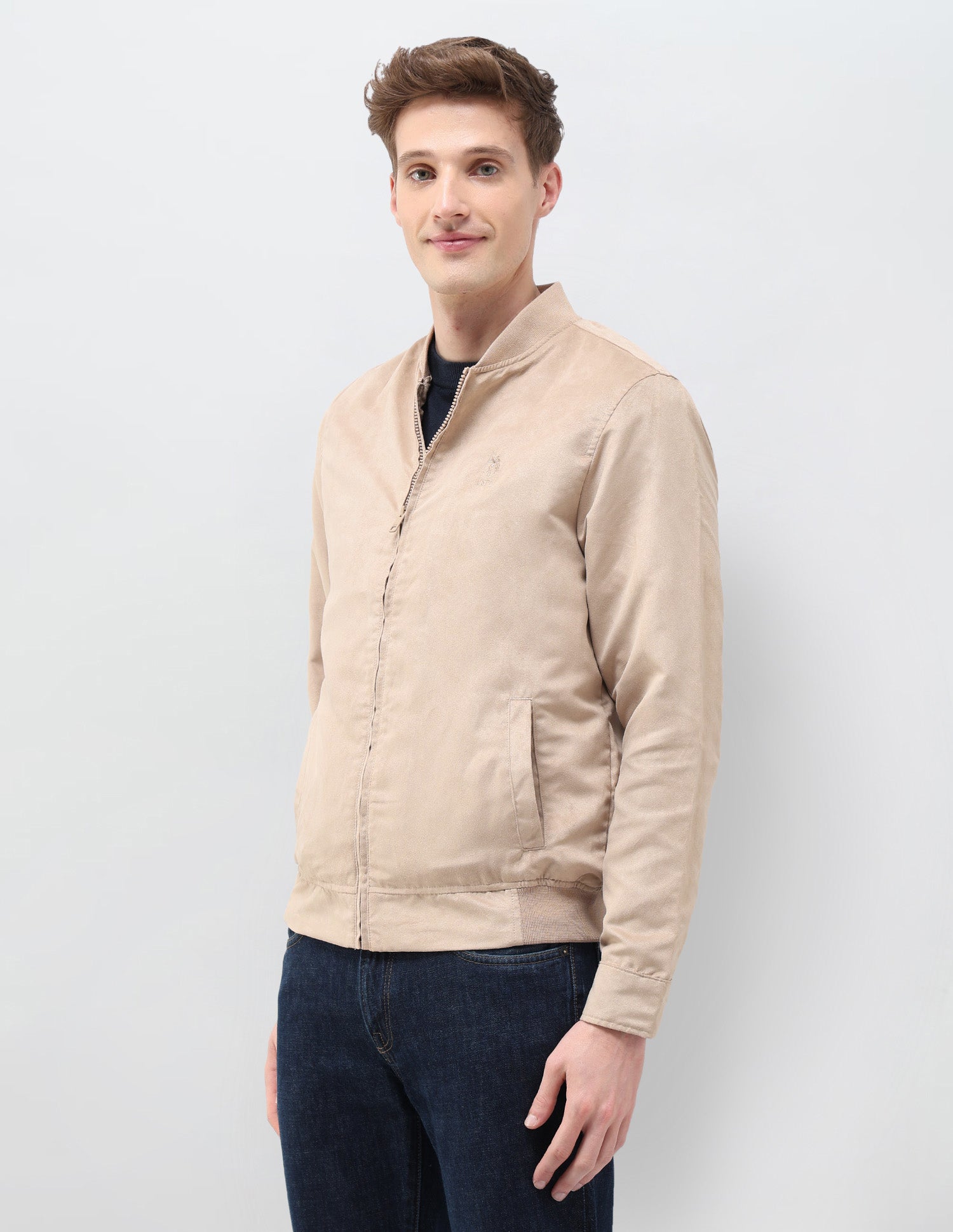 Solid Regular Fit Bomber Jacket Ecru - U.S. Polo Assn. India | Large