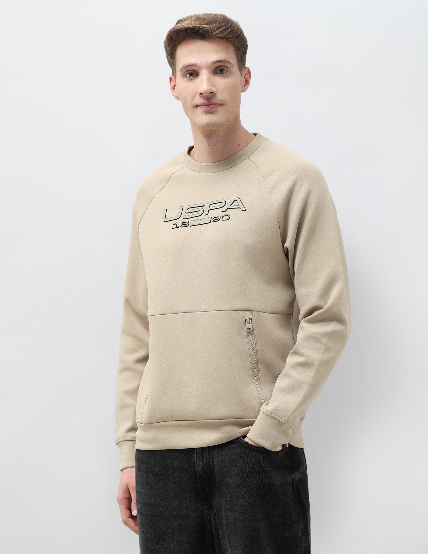 Brand Embossed Regular Fit Sweatshirt Light Khaki - U.S. POLO ASSN. | Large