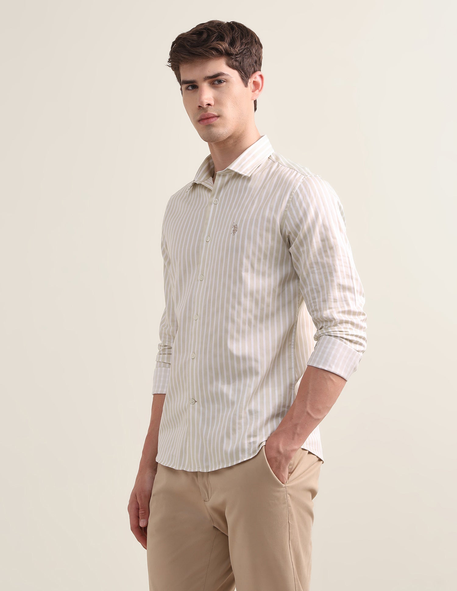 Vertical Striped Satin Shirt Beige - U.S. Polo Assn. India | Large