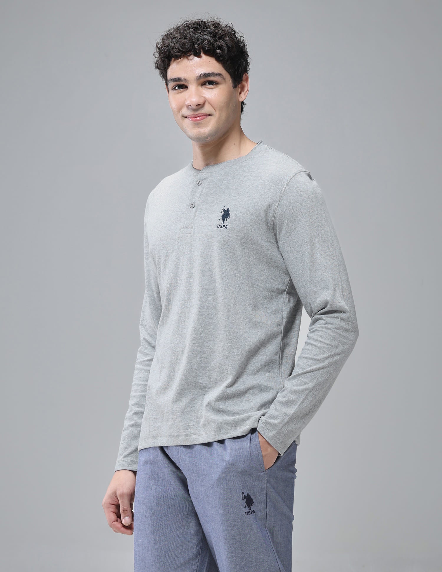 Comfort Fit Cotton I694 Henley Lounge T-Shirt - Pack Of 1 Grey Melange - U.S. Polo Assn. India | Large
