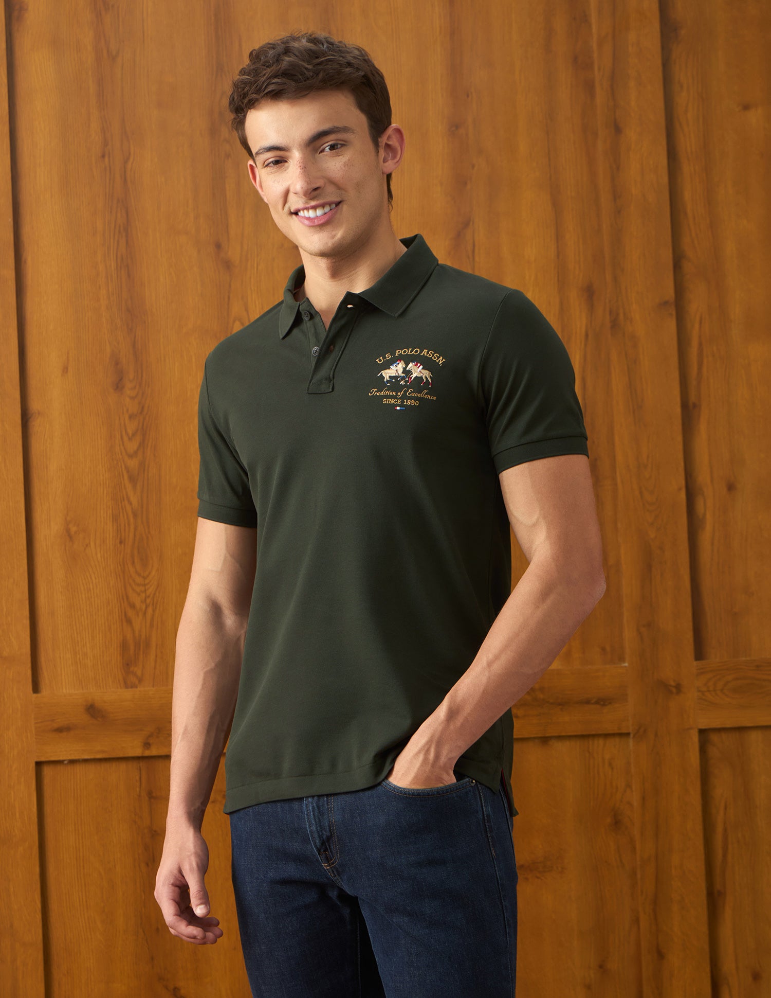Solid Slim Fit Polo Shirt Olive - U.S. Polo Assn. India | Large