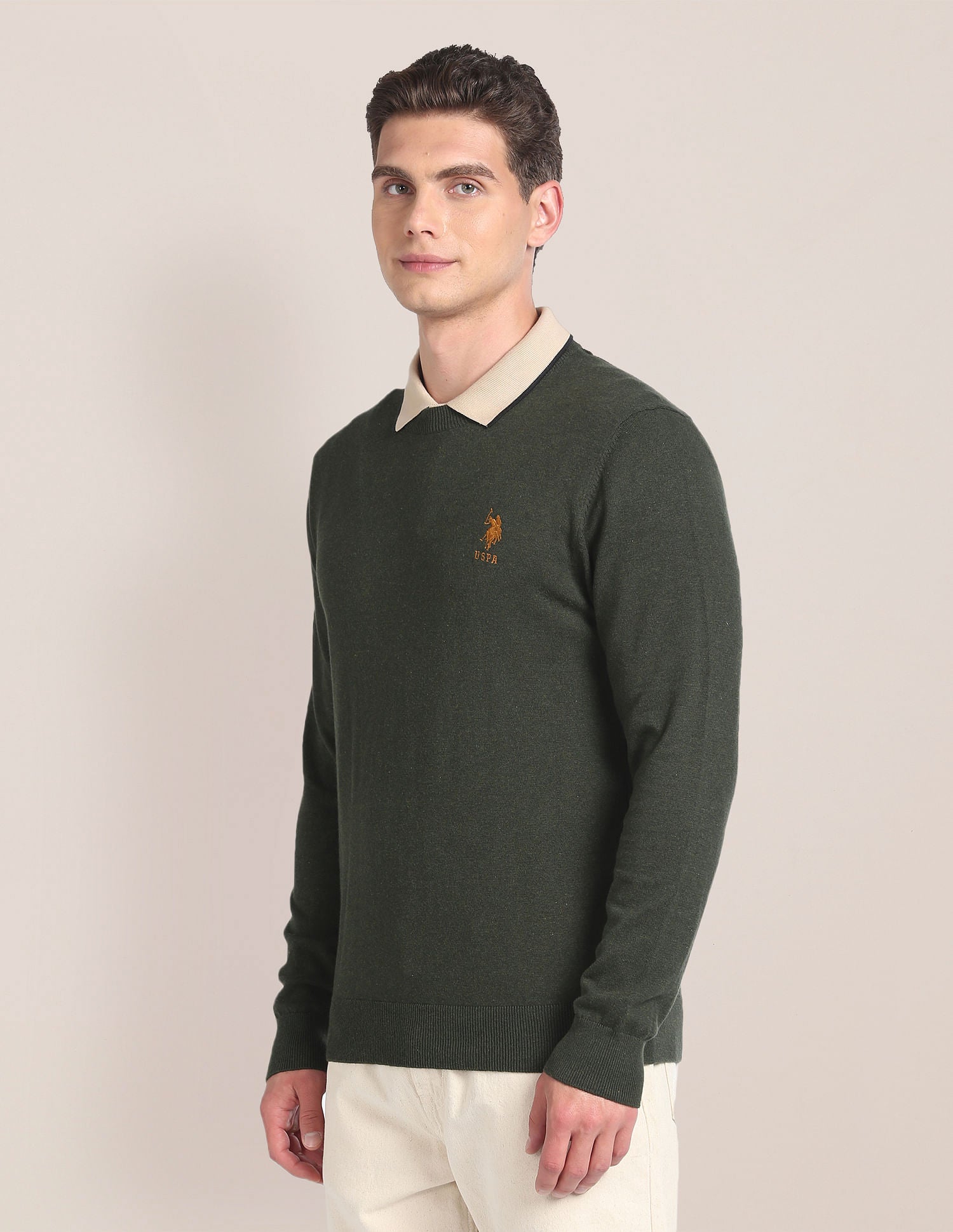 Crew Neck Heathered Sweater Olive - U.S. POLO ASSN. | Large