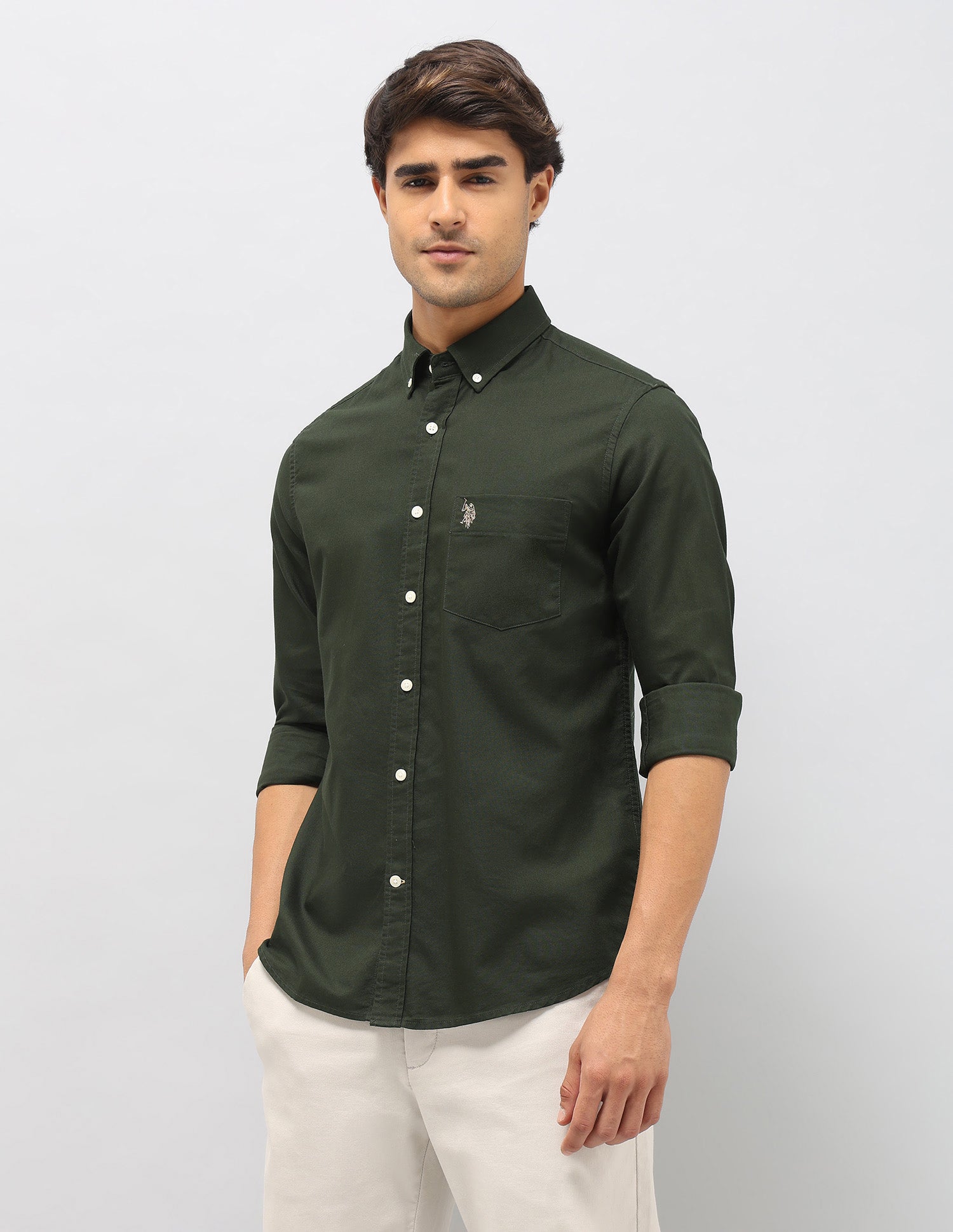 Pure Cotton Tailored Fit Shirt Dark Green - U.S. Polo Assn. India | Large