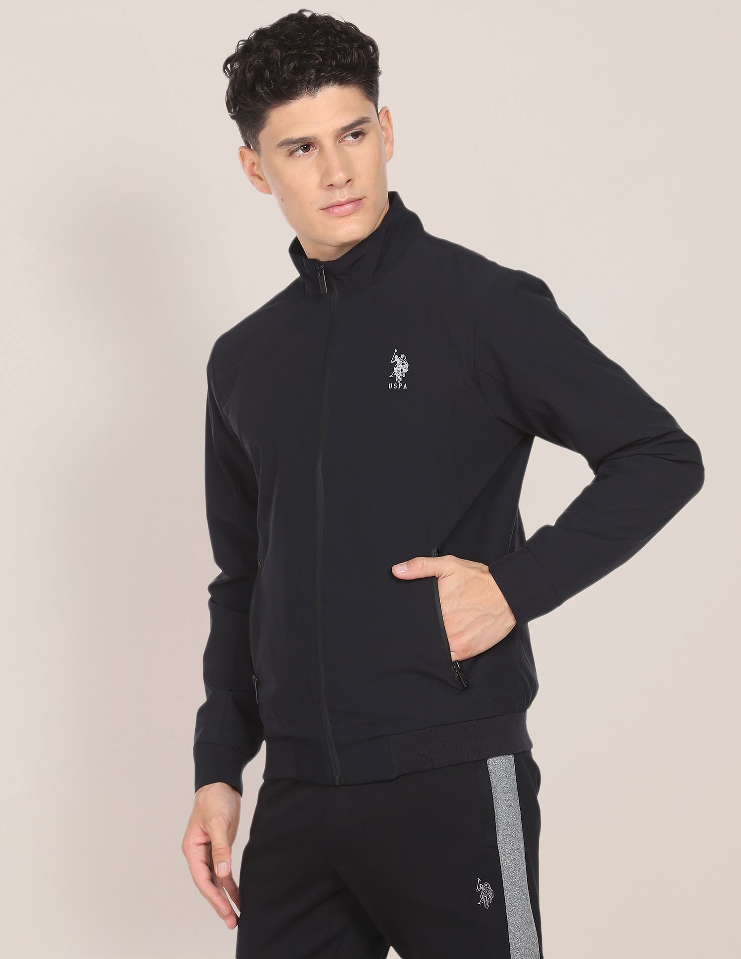 Men Black High Neck Solid Panelled Bomber Jacket Black - U.S. POLO ASSN. | Large