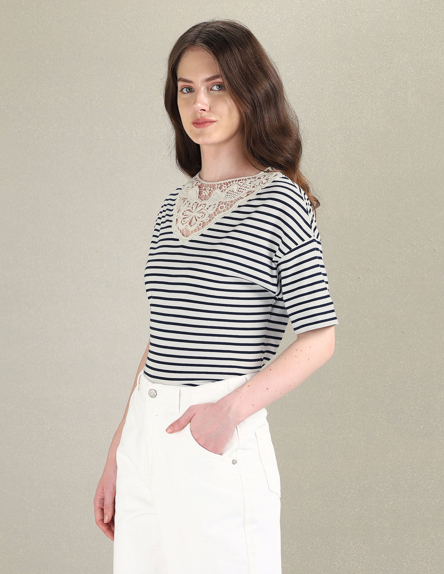 Lace Overlay Striped T-Shirt White - U.S. Polo Assn. India | Large