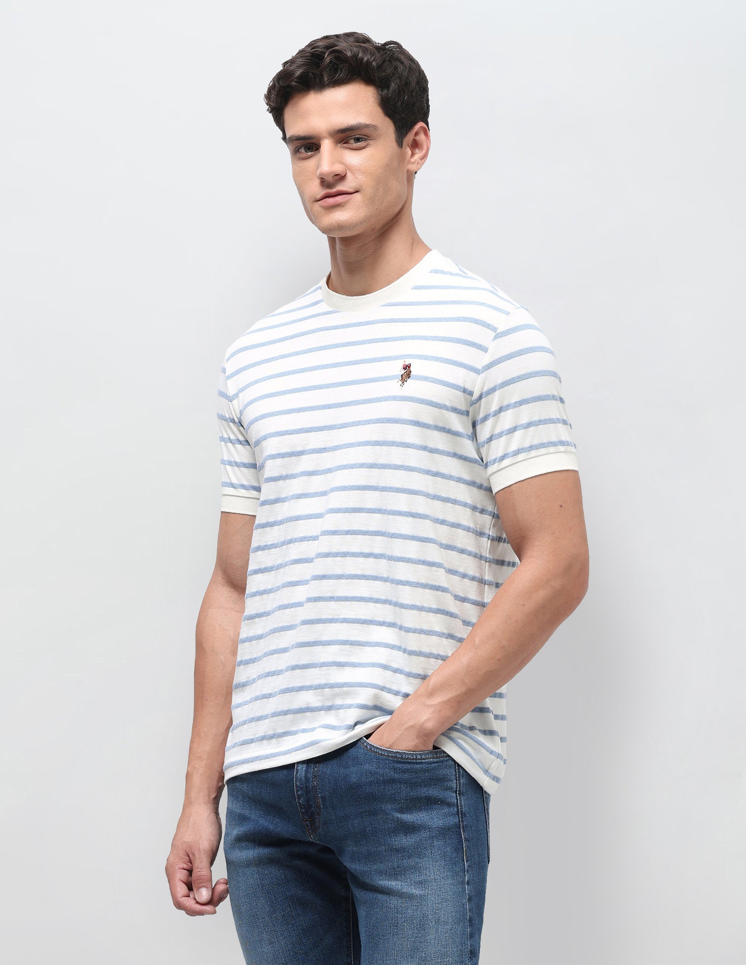 Horizontal Striped Slim Fit T-Shirt Blue Melange - U.S. Polo Assn. India | Large