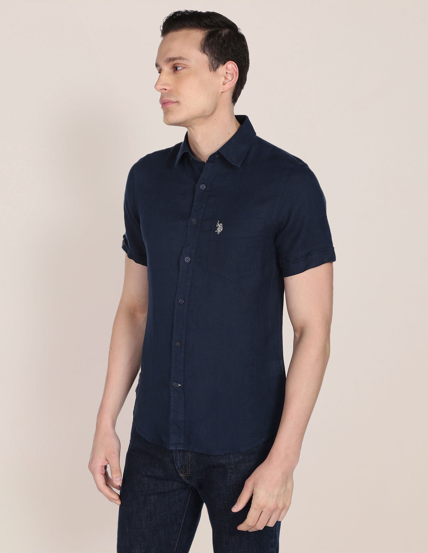 Short Sleeve Solid Linen Casual Shirt Navy - U.S. Polo Assn. India | Large