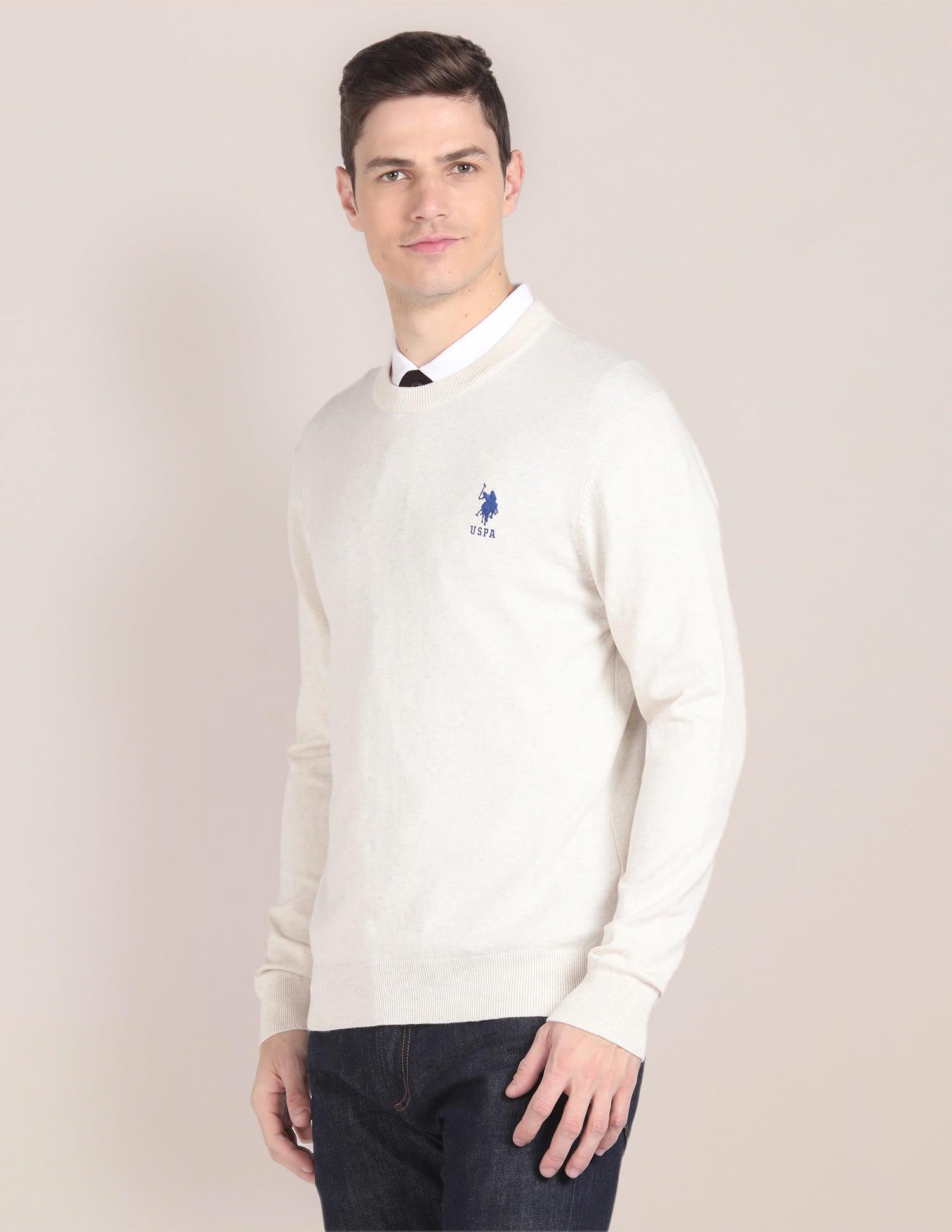 Crew Neck Solid Sweater Off-White - U.S. Polo Assn. India | Large