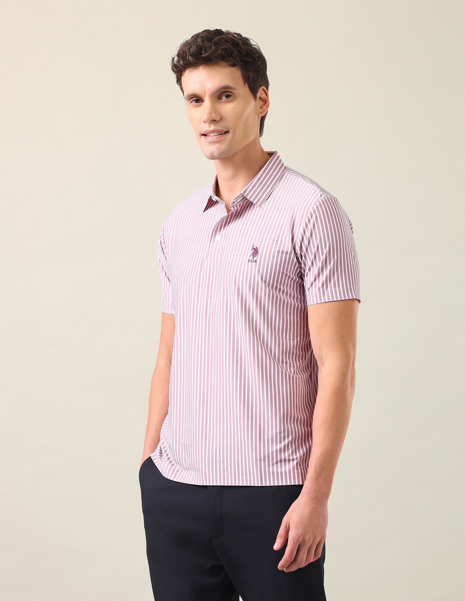 Vertical Striped Slim Fit Polo Shirt Pink - U.S. Polo Assn. India | Large