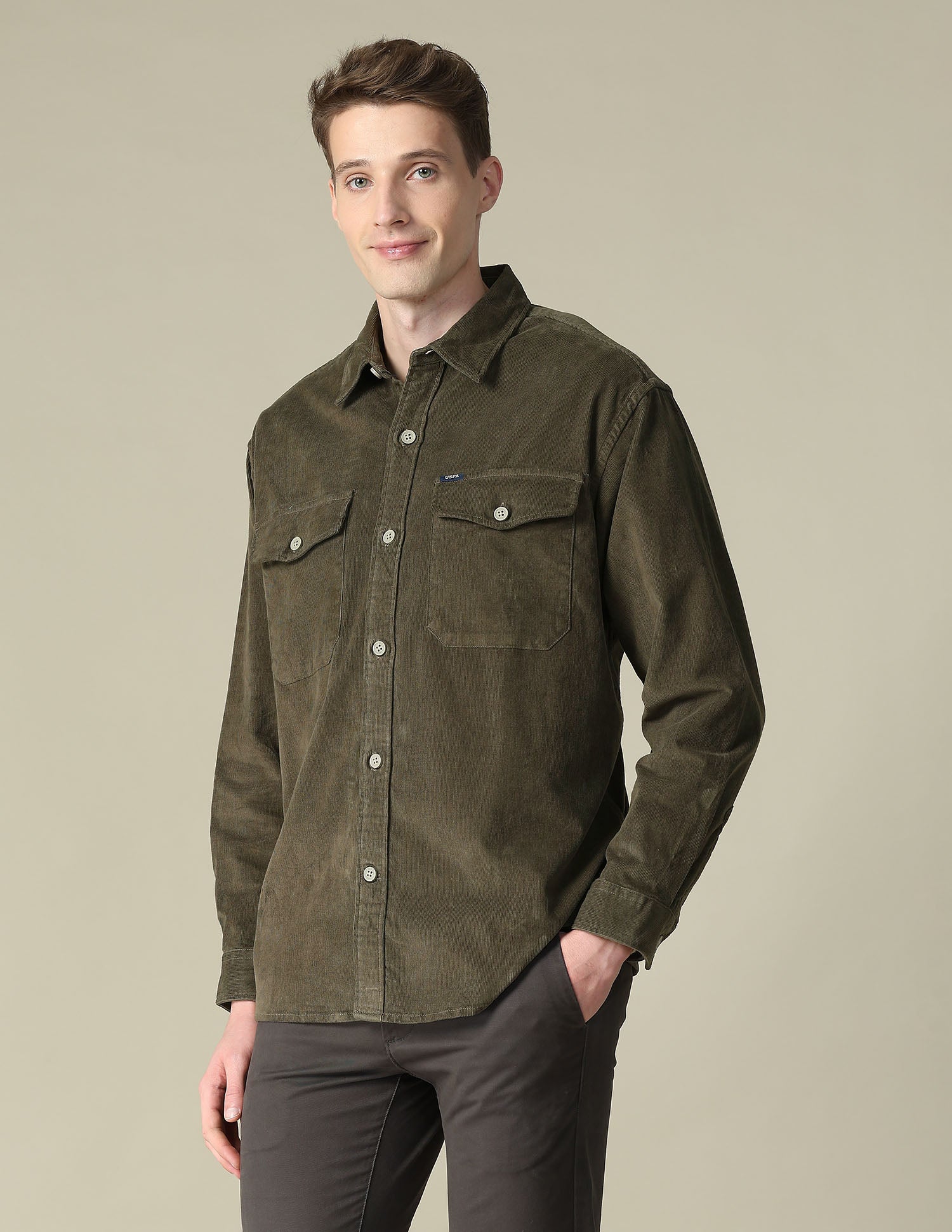 Solid Regular Fit Shirt Olive - U.S. Polo Assn. India | Large