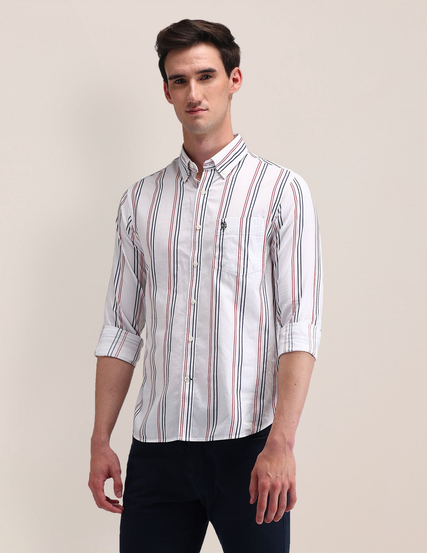Tailored Fit Cotton Striped Shirt White - U.S. Polo Assn. India | Large