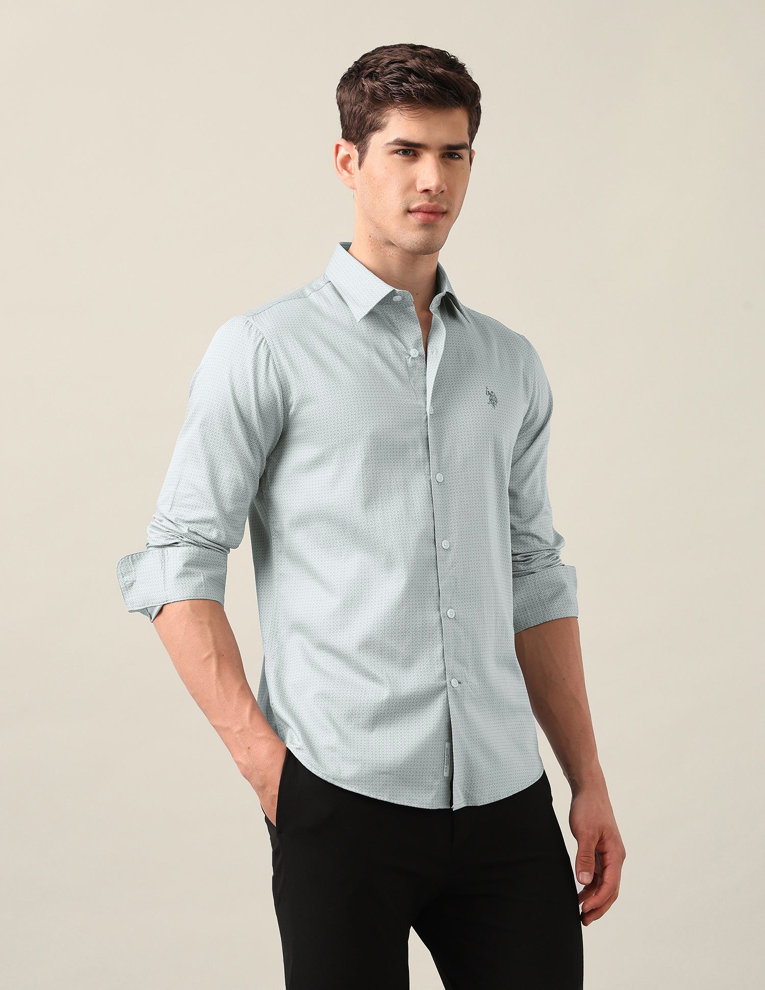 Geometric Printed Satin Shirt Light Grey - U.S. Polo Assn. India | Large