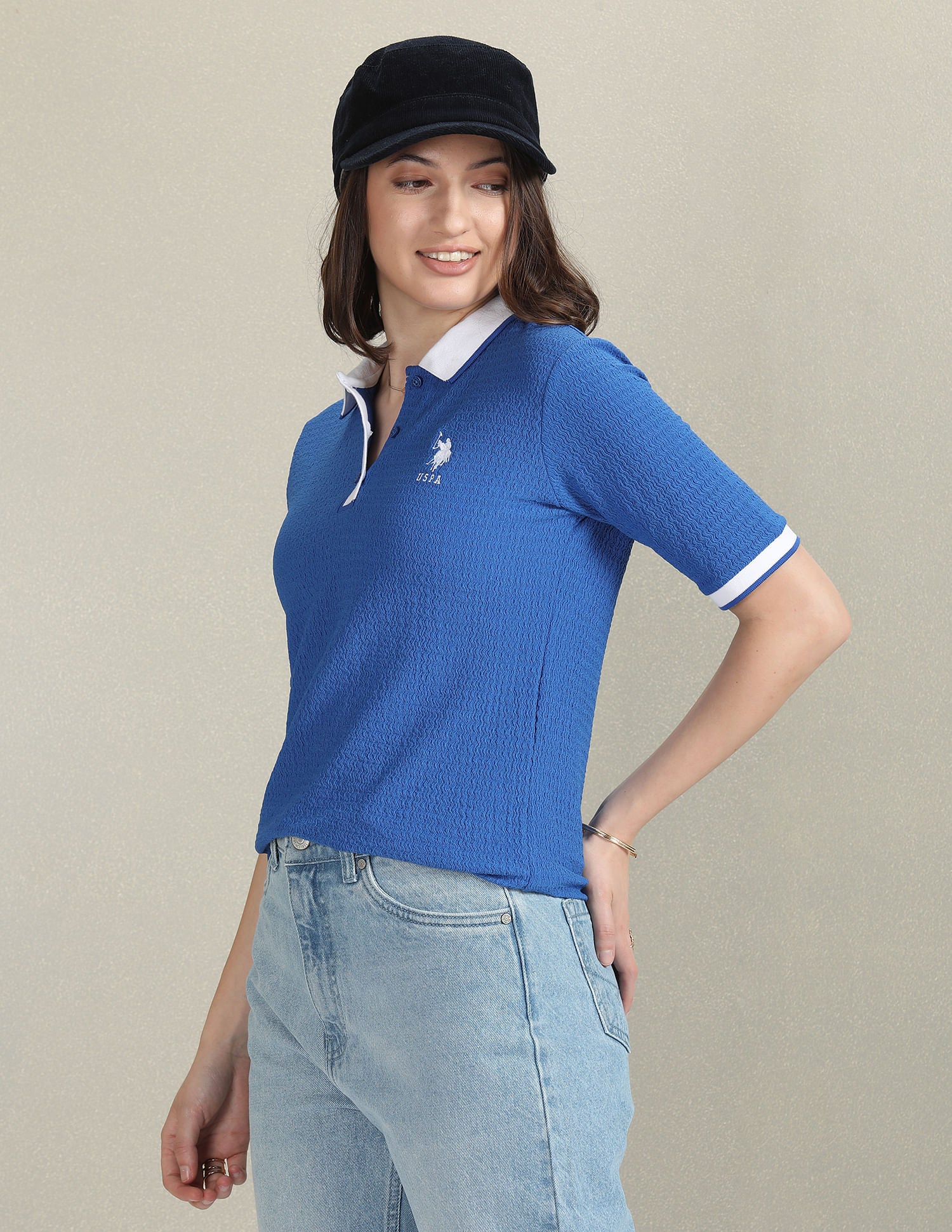 Ribbed Collar Textured Polo Shirt Blue - U.S. POLO ASSN. | Large