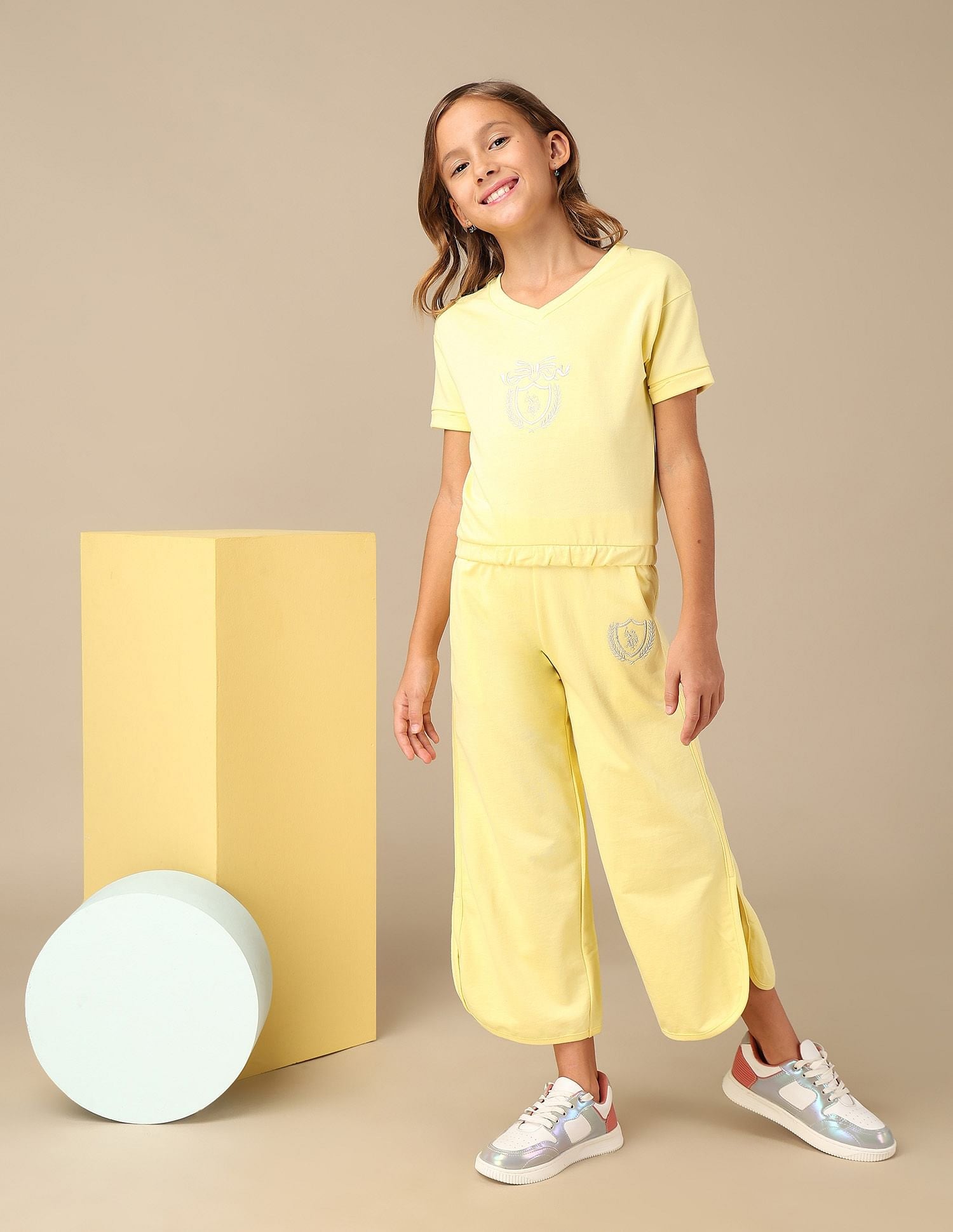 Girls Crest Embroidered Cotton T-Shirt Light Yellow - U.S. POLO ASSN. | Large