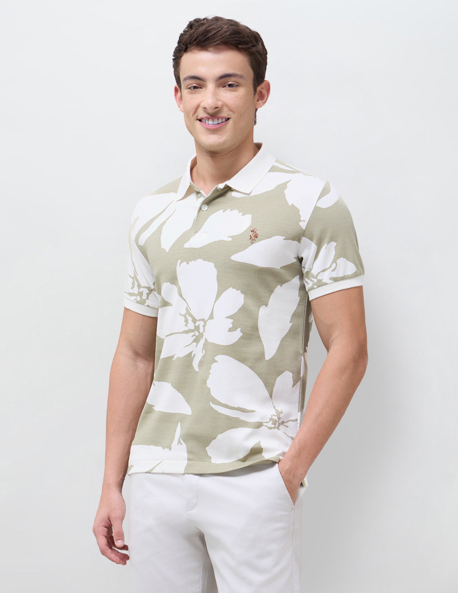 Floral Printed Slim Fit Polo Shirt Olive - U.S. Polo Assn. India | Large