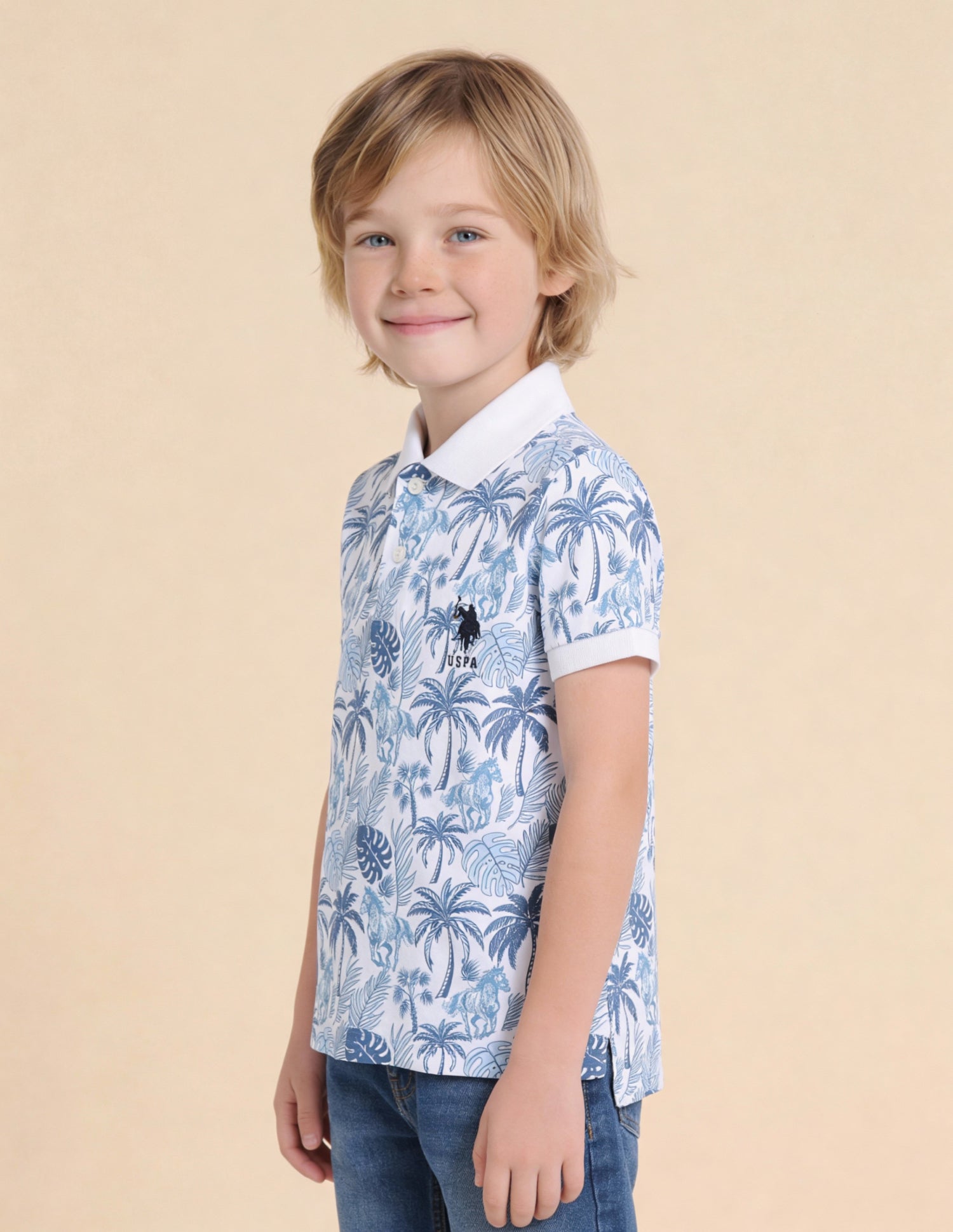 Boys All-Over Printed Regular Fit Polo Shirt Off White - U.S. Polo Assn. India | Large