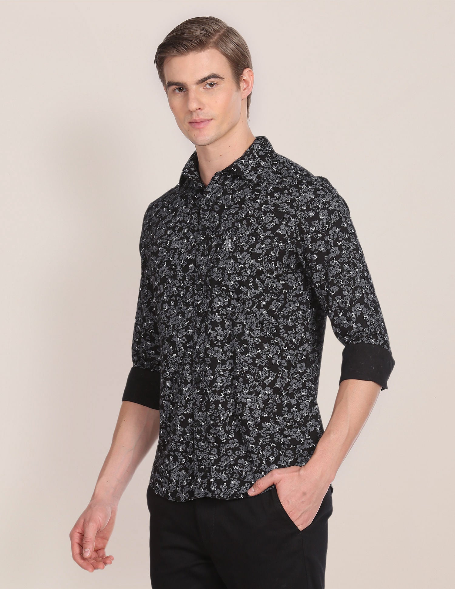 Floral Print Cotton Shirt Black - U.S. POLO ASSN. | Large