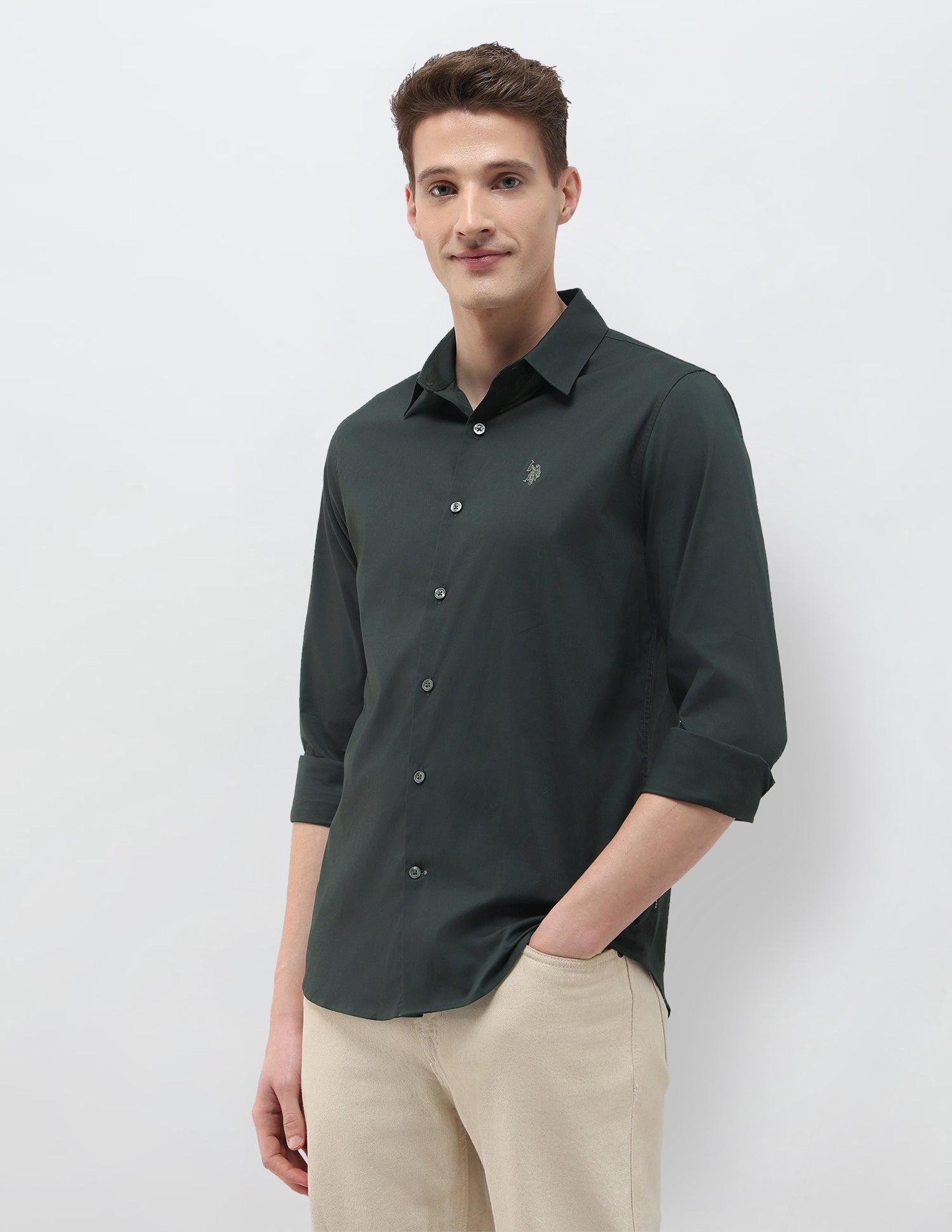 Solid Black & Gold Regular Fit Shirt Dark Green - U.S. Polo Assn. India | Large