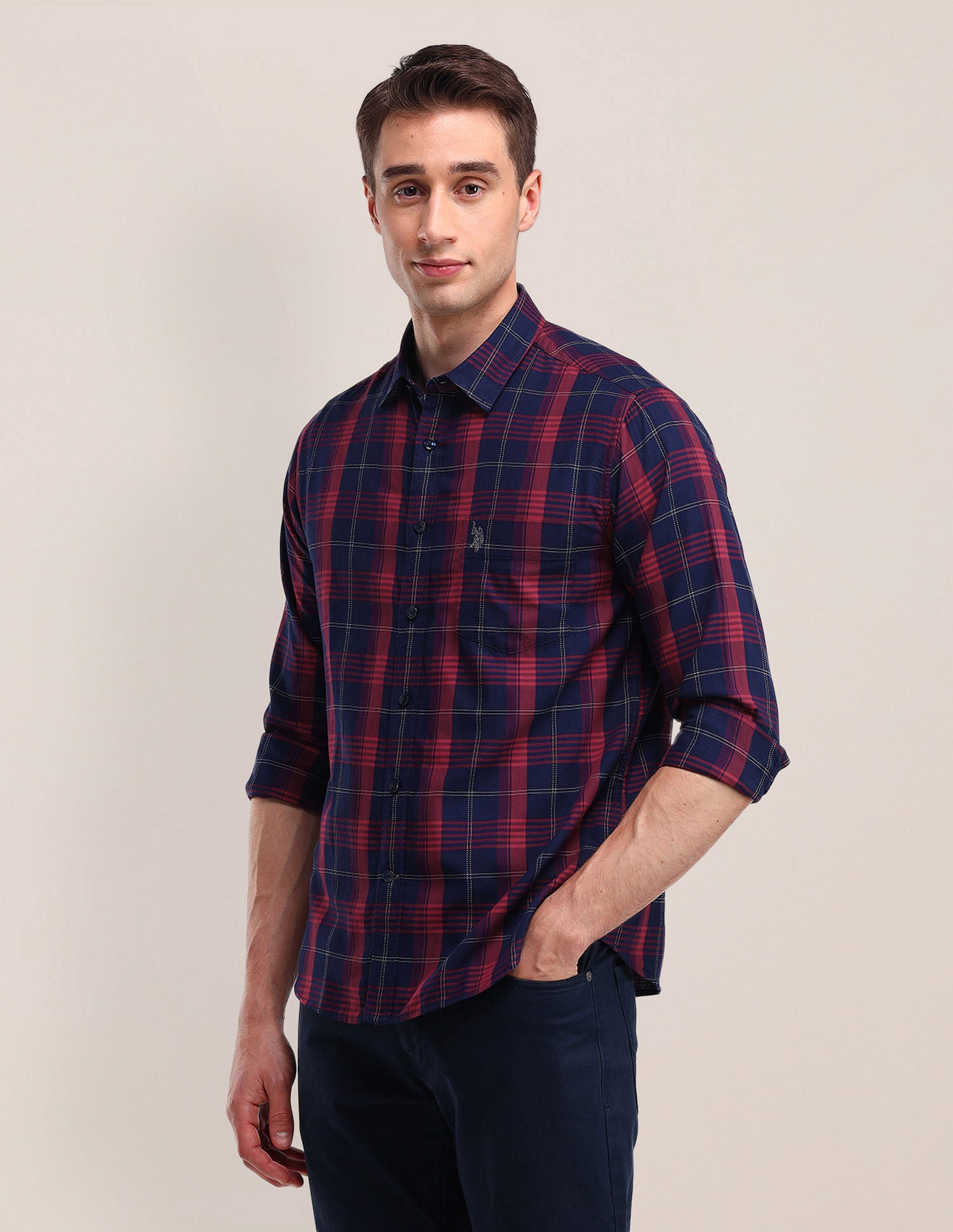Tailored Fit Checked Shirt Navy - U.S. Polo Assn. India | Large