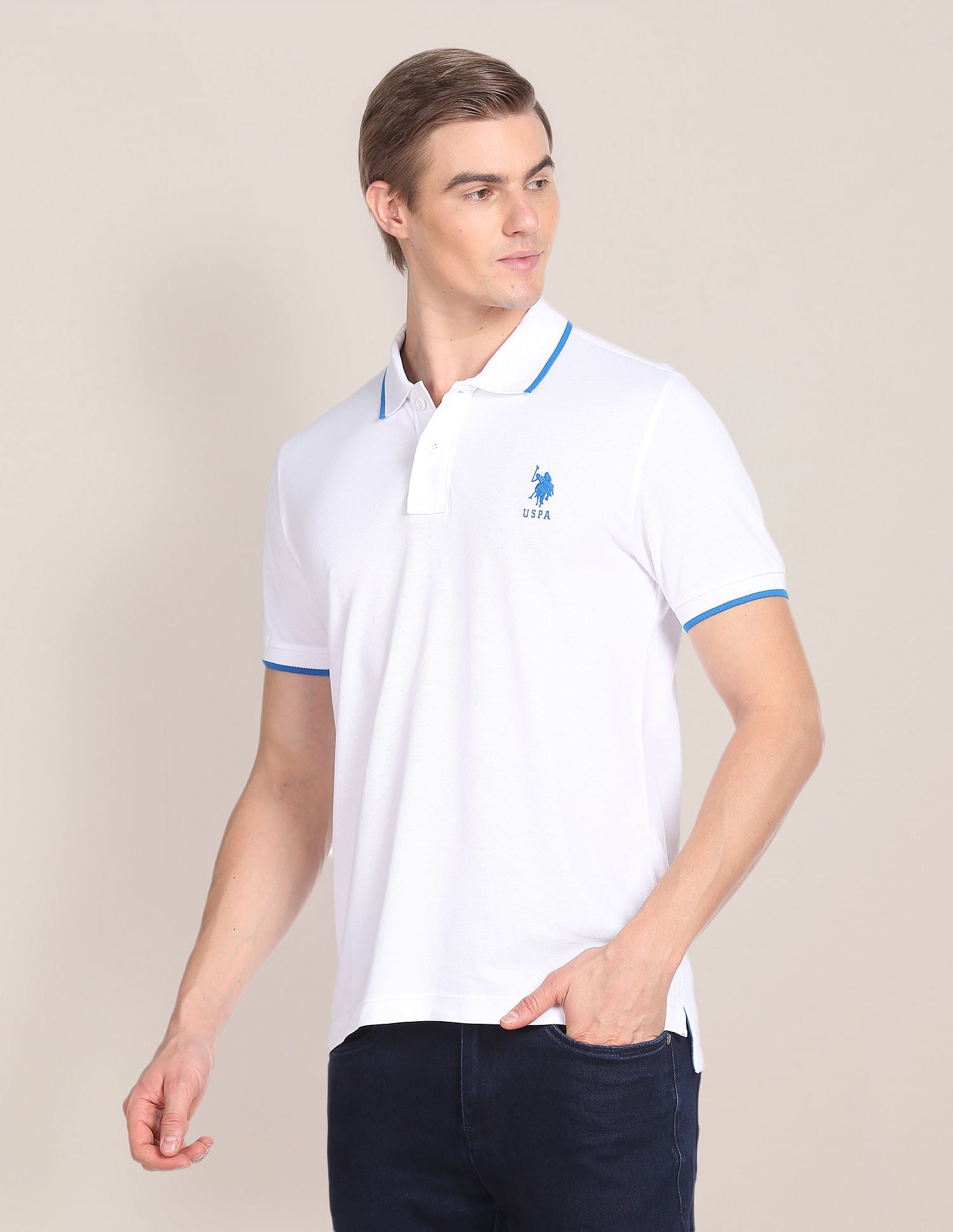 Tipped Collar Cotton Polo Shirt White - U.S. Polo Assn. India | Large