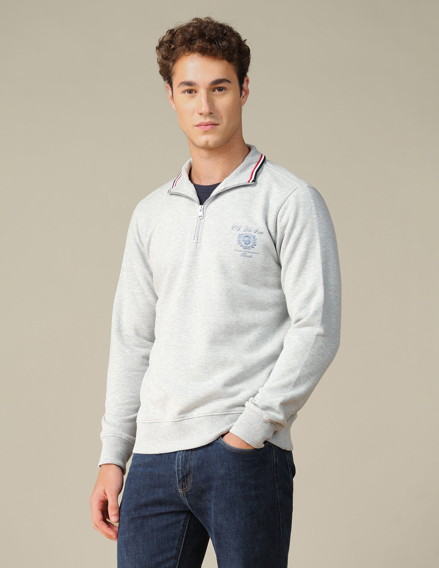 Solid Zipper Sweatshirt Ecru Melange - U.S. Polo Assn. India | Large
