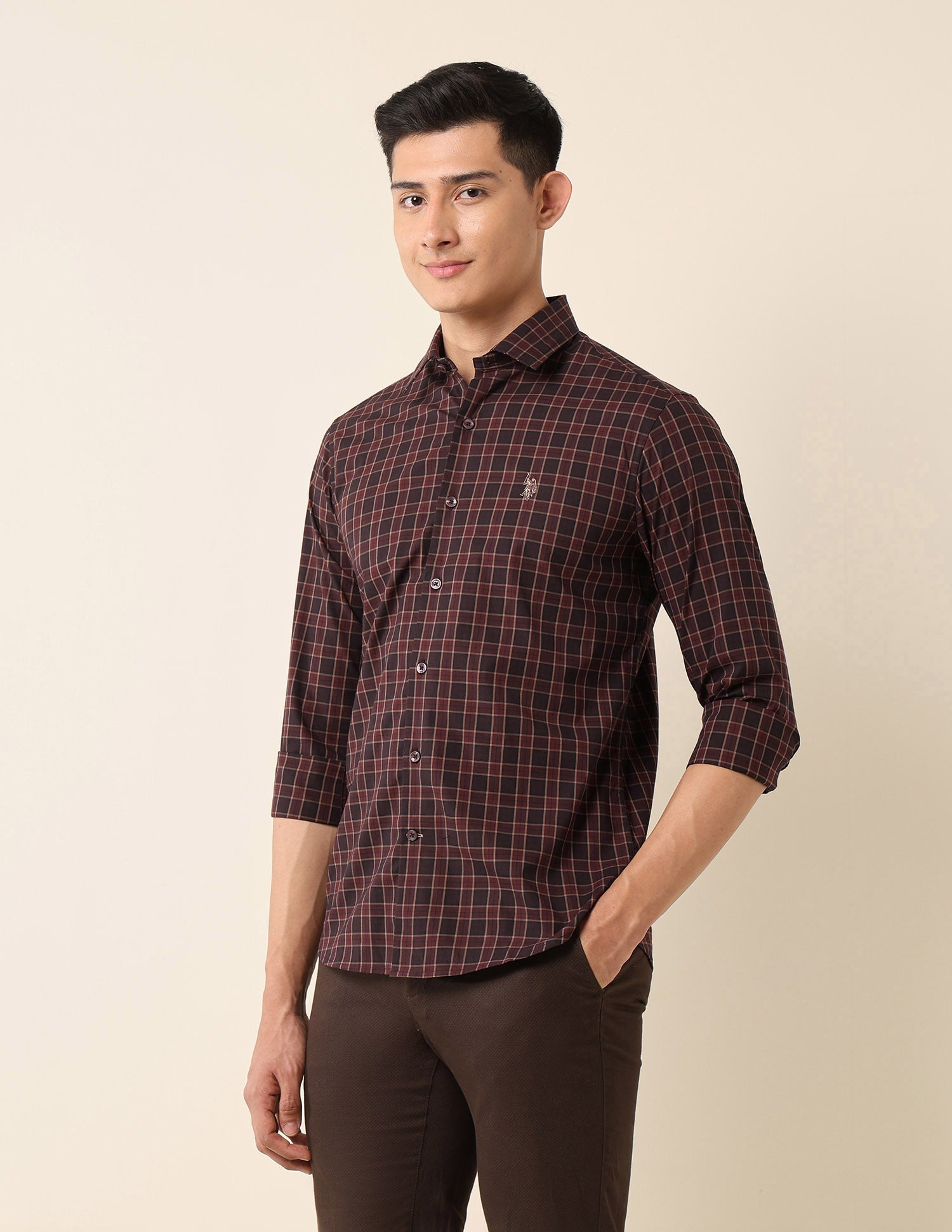 Tailored Fit Tartan Checked Shirt Burgundy - U.S. Polo Assn. India | Large