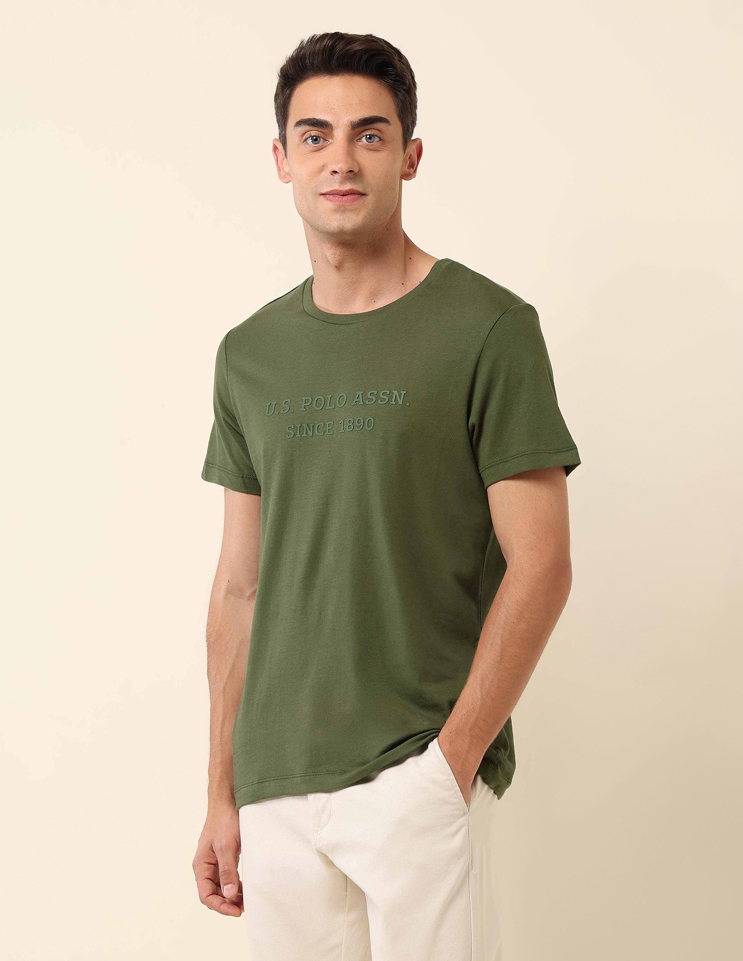 Slim Fit Brand Embossed T- Shirt Olive Green - U.S. Polo Assn. India | Large