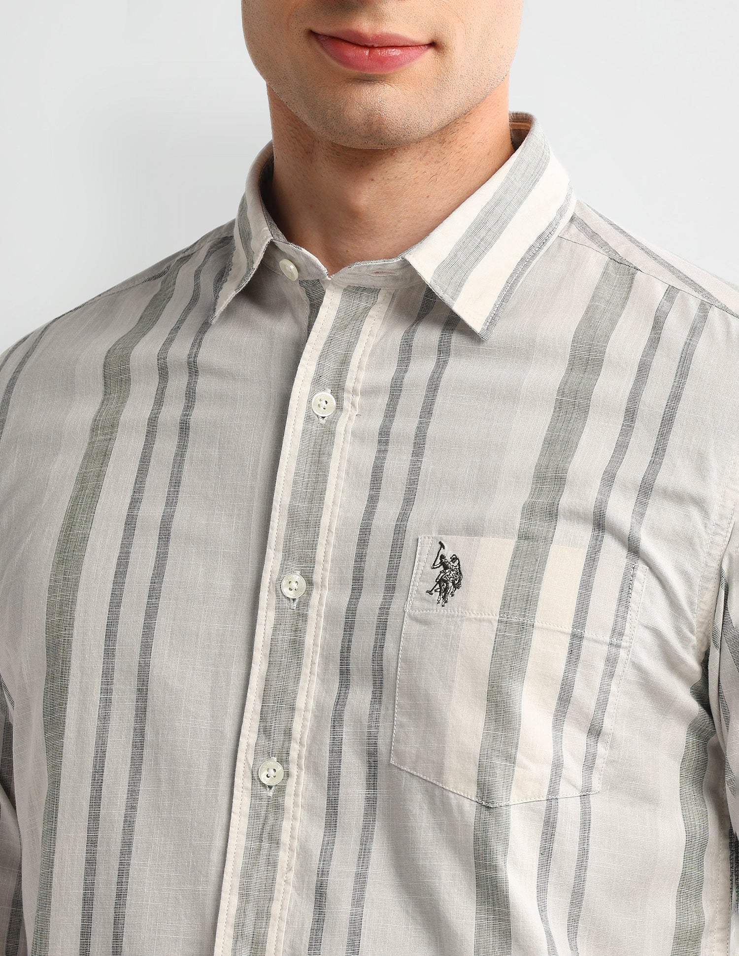 Vertical Striped Slim Fit Shirt Light Olive - U.S. POLO ASSN. | Large