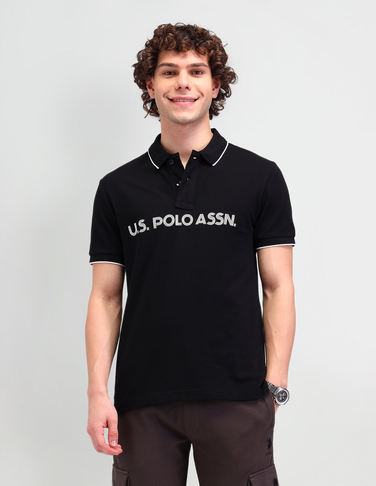 Brand Printed Cotton Polo Shirt Uspa Black - U.S. Polo Assn. India | Large