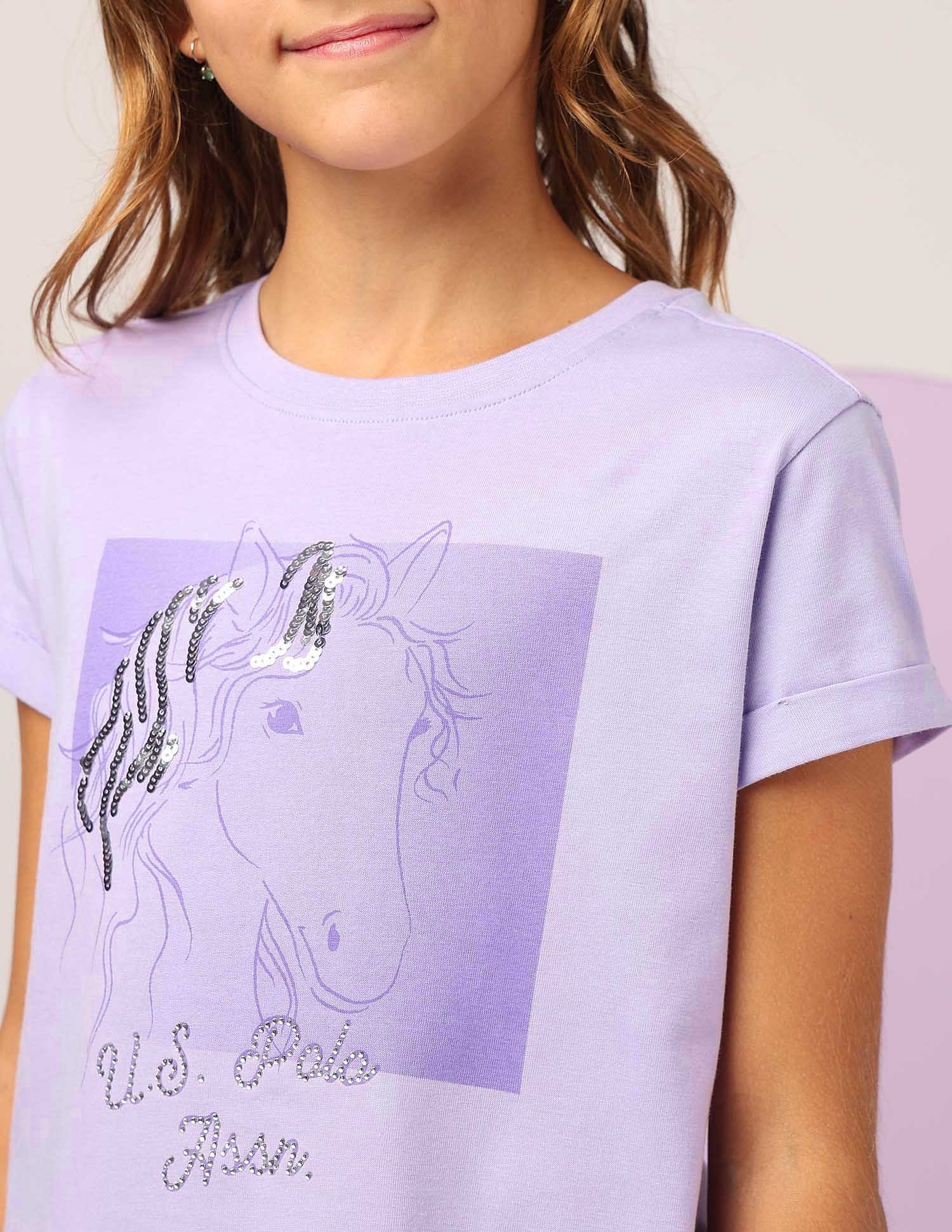 Girls Sequins Detailed Relaxed Fit T-Shirt Lavender - U.S. POLO ASSN. | Large