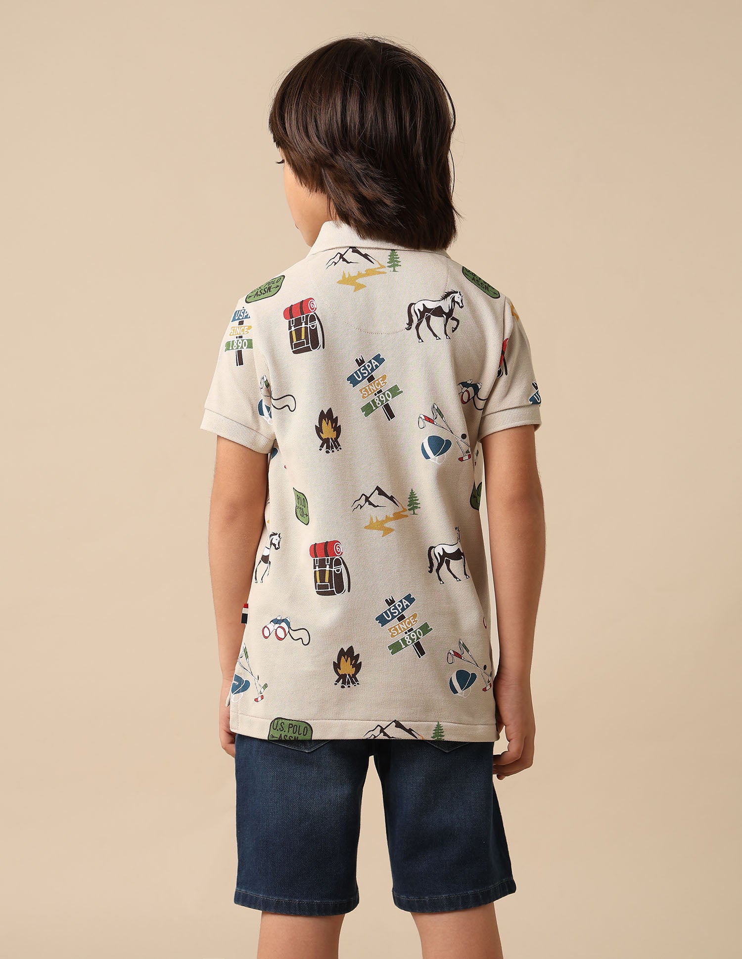 Boys All Over Printed Pure Cotton Polo Shirt Light Brown - U.S. POLO ASSN. | Large