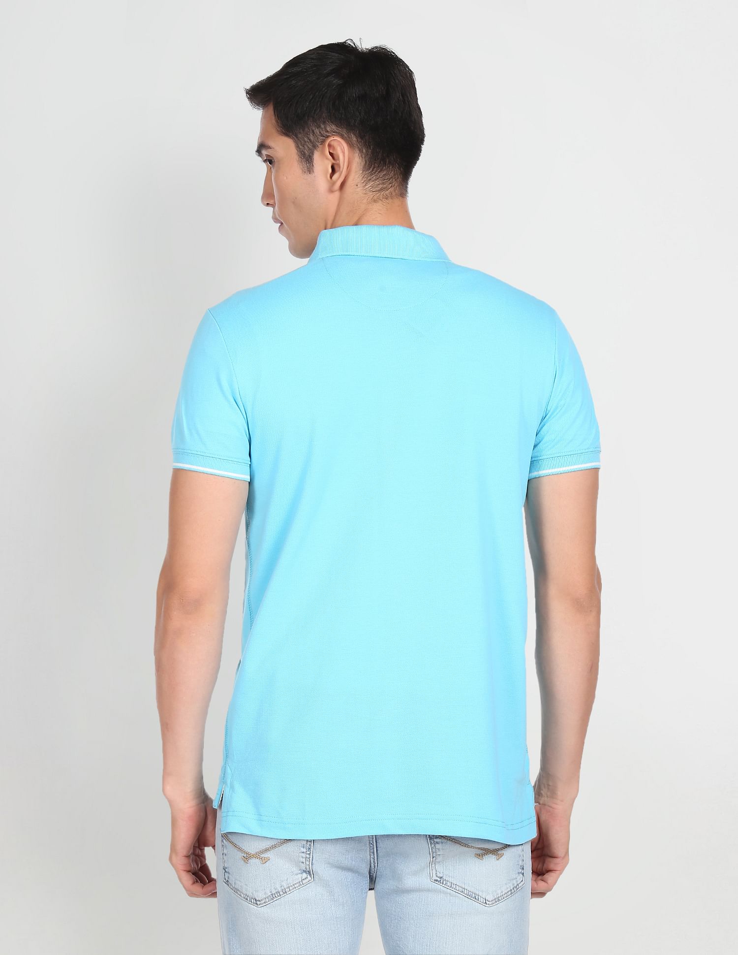 Men Ribbed Collar Logo Polo Shirt Blue - U.S. POLO ASSN. | Large