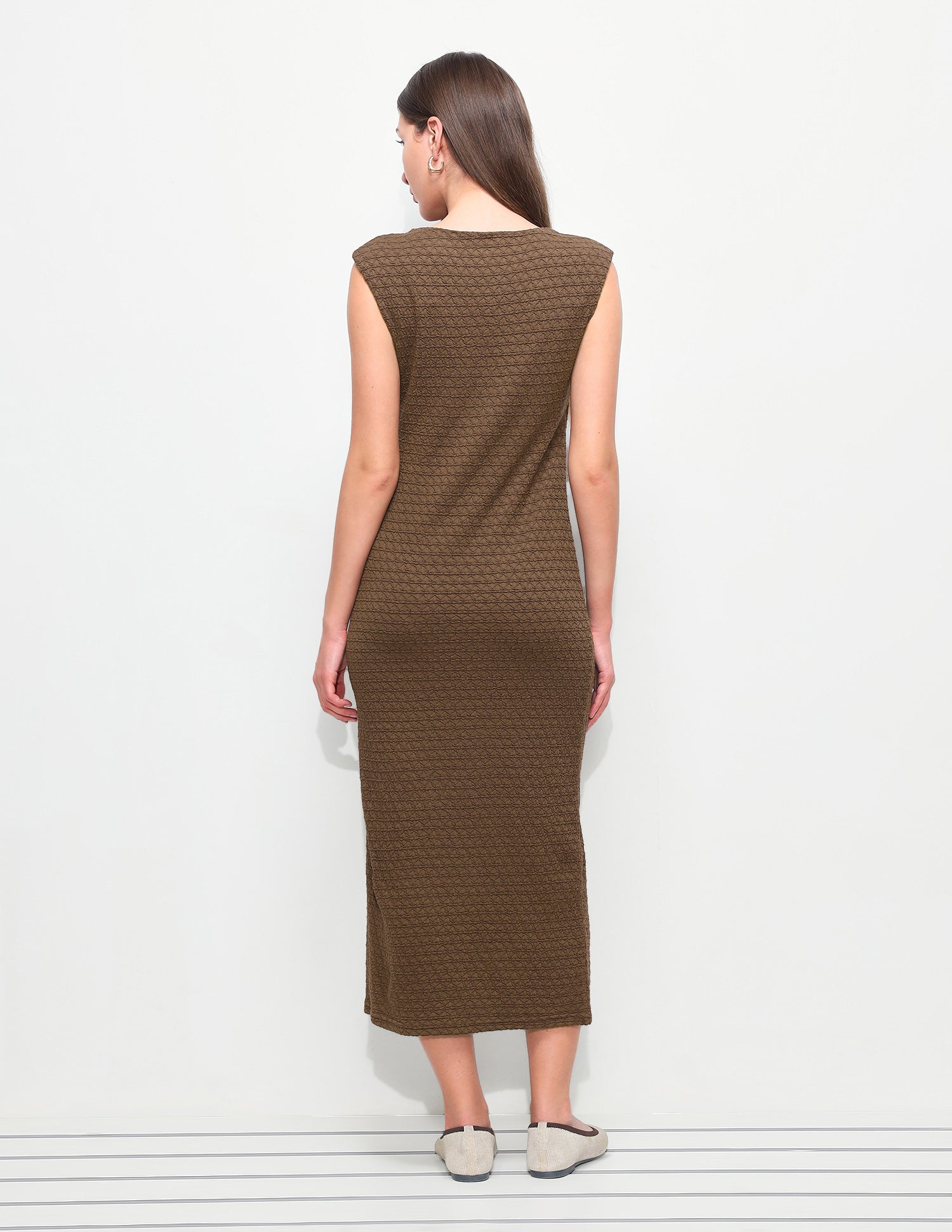 Textured Fitted Midi Sheath Dress Brown - U.S. Polo Assn. India | Large