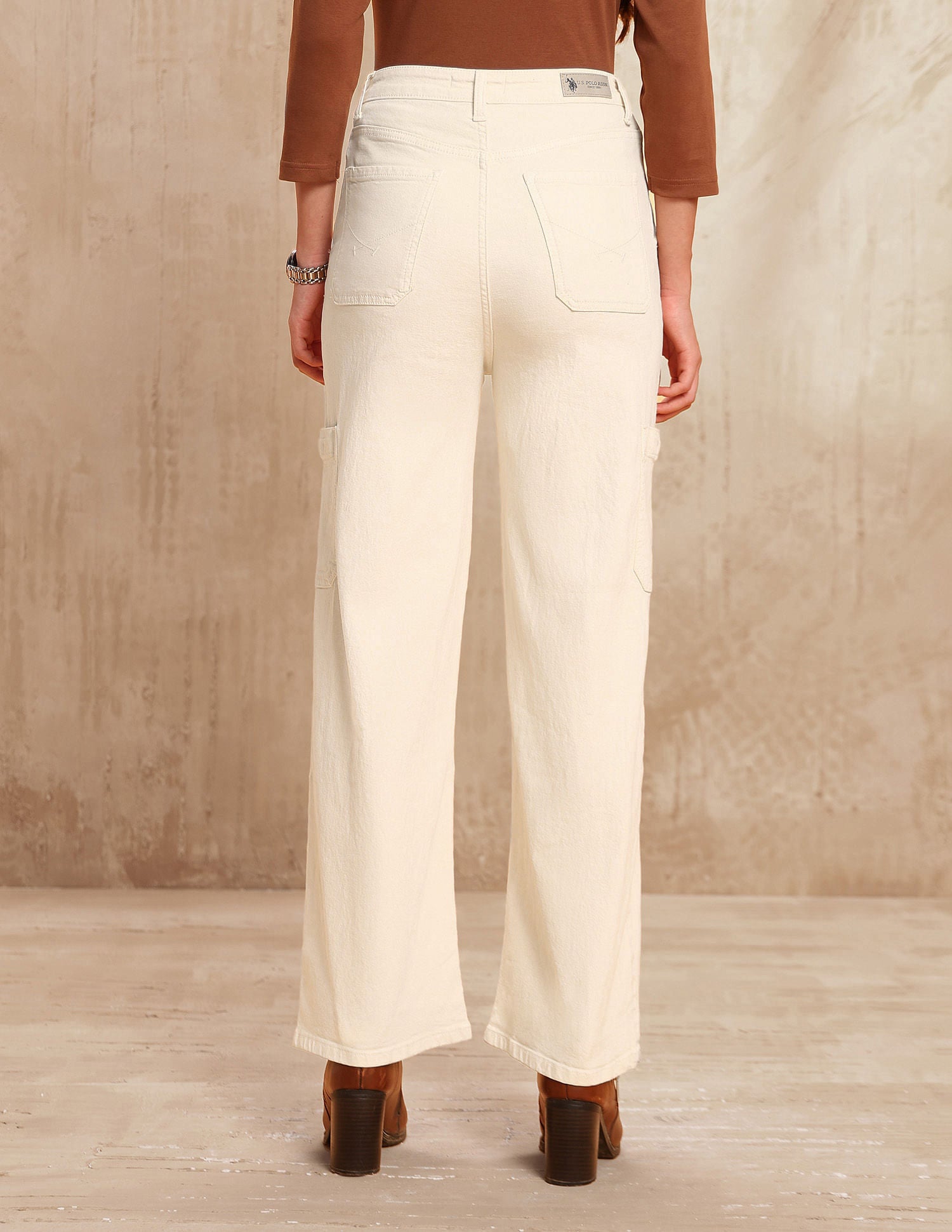 High Rise Wide Leg Cargo Jeans Ecru - U.S. POLO ASSN. | Large