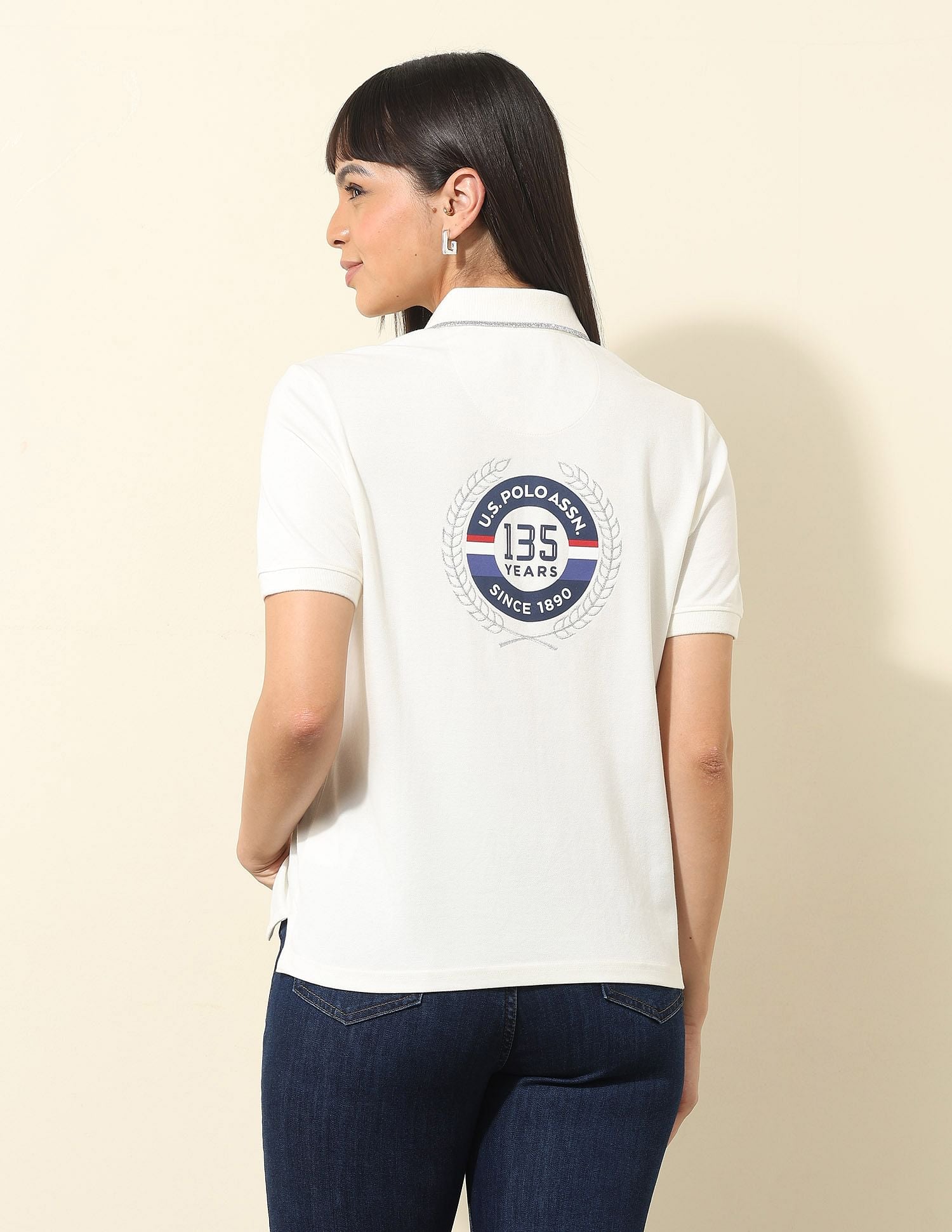 Boxy Fit Brand Printed Polo Shirt Off White - U.S. Polo Assn. India | Large