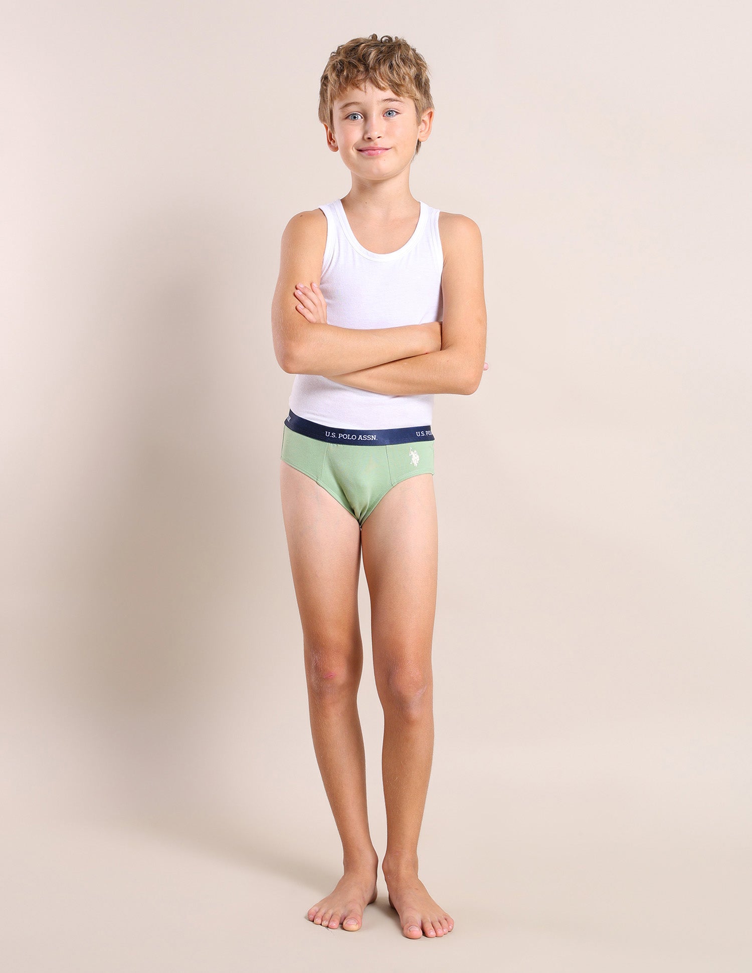 Boys Mid Rise Cotton Spandex Briefs - Pack Of 3 Grey, Blue and Green - U.S. POLO ASSN. | Large