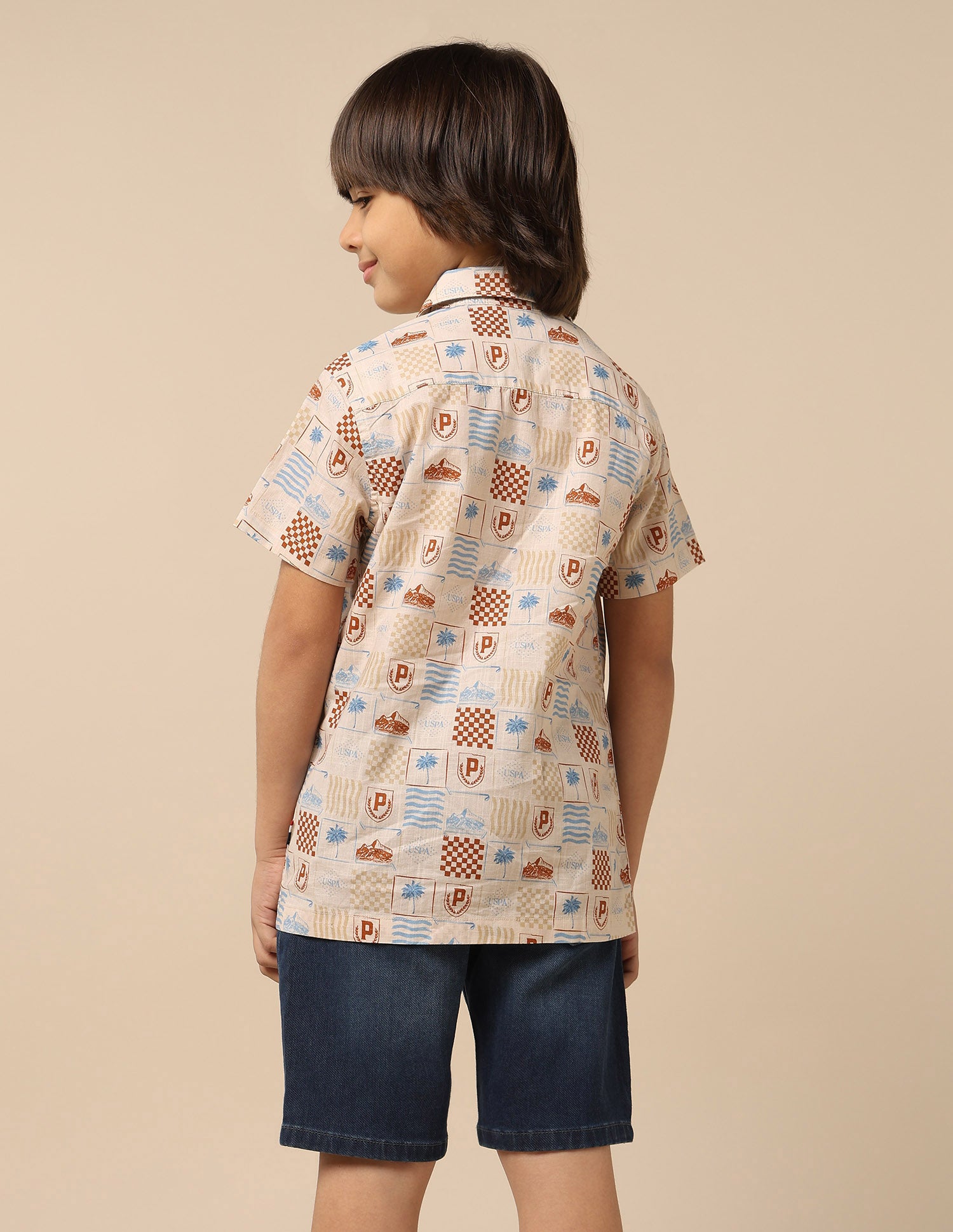 Boys All Over Printed Regular Fit Shirt Beige - U.S. POLO ASSN. | Large