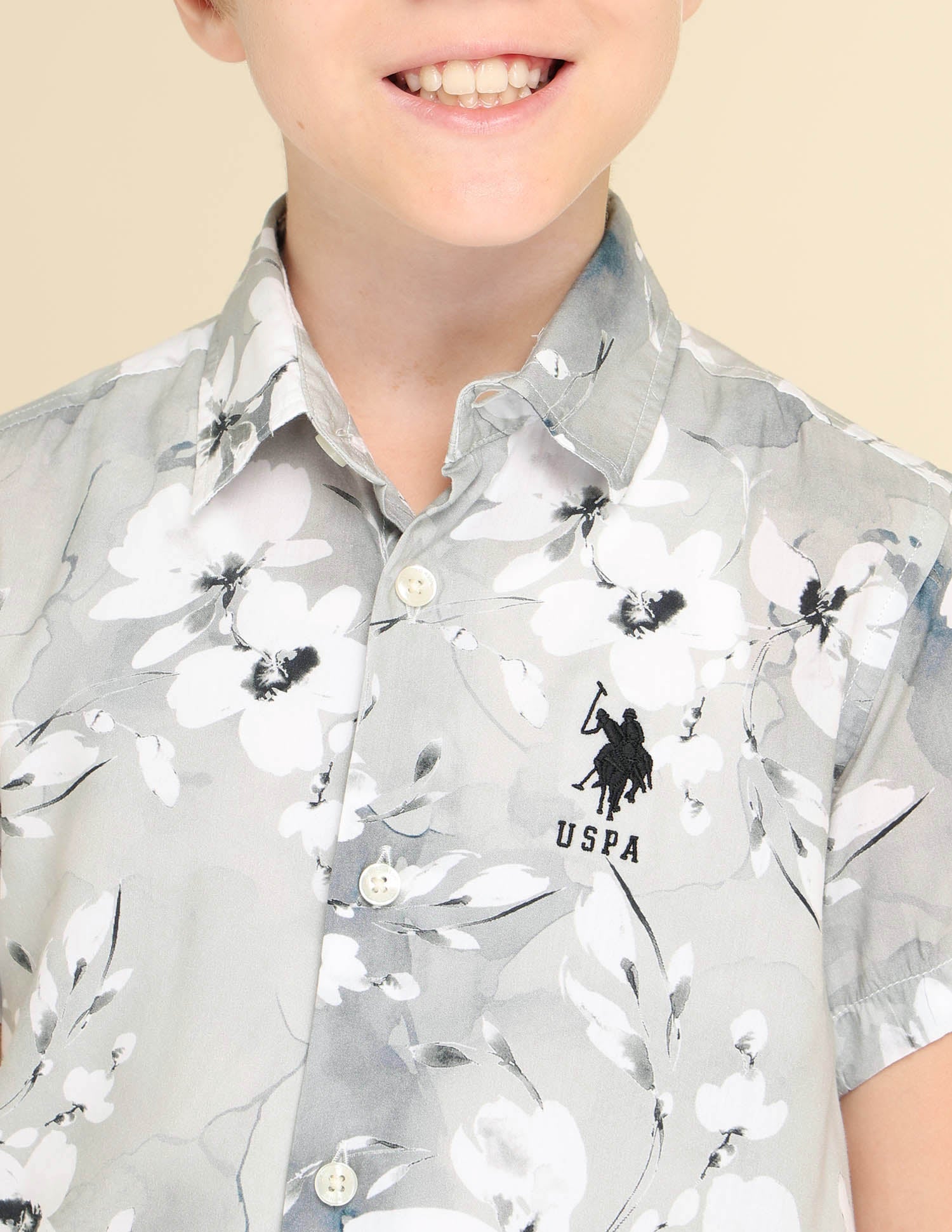 Boys Floral Printed Regular Fit Shirt Grey - U.S. POLO ASSN. | Large
