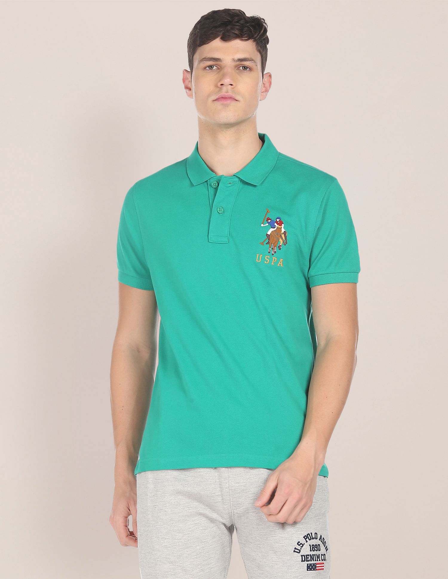 Men Teal Cotton Solid Polo Shirt Teal - U.S. POLO ASSN. | Large