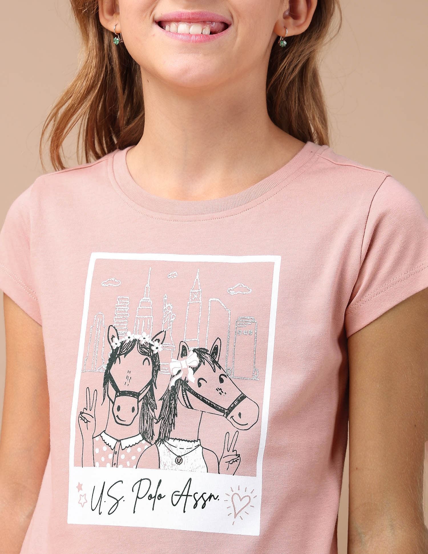 Girls Graphic Printed Regular Fit T-Shirt Light Coral - U.S. POLO ASSN. | Large